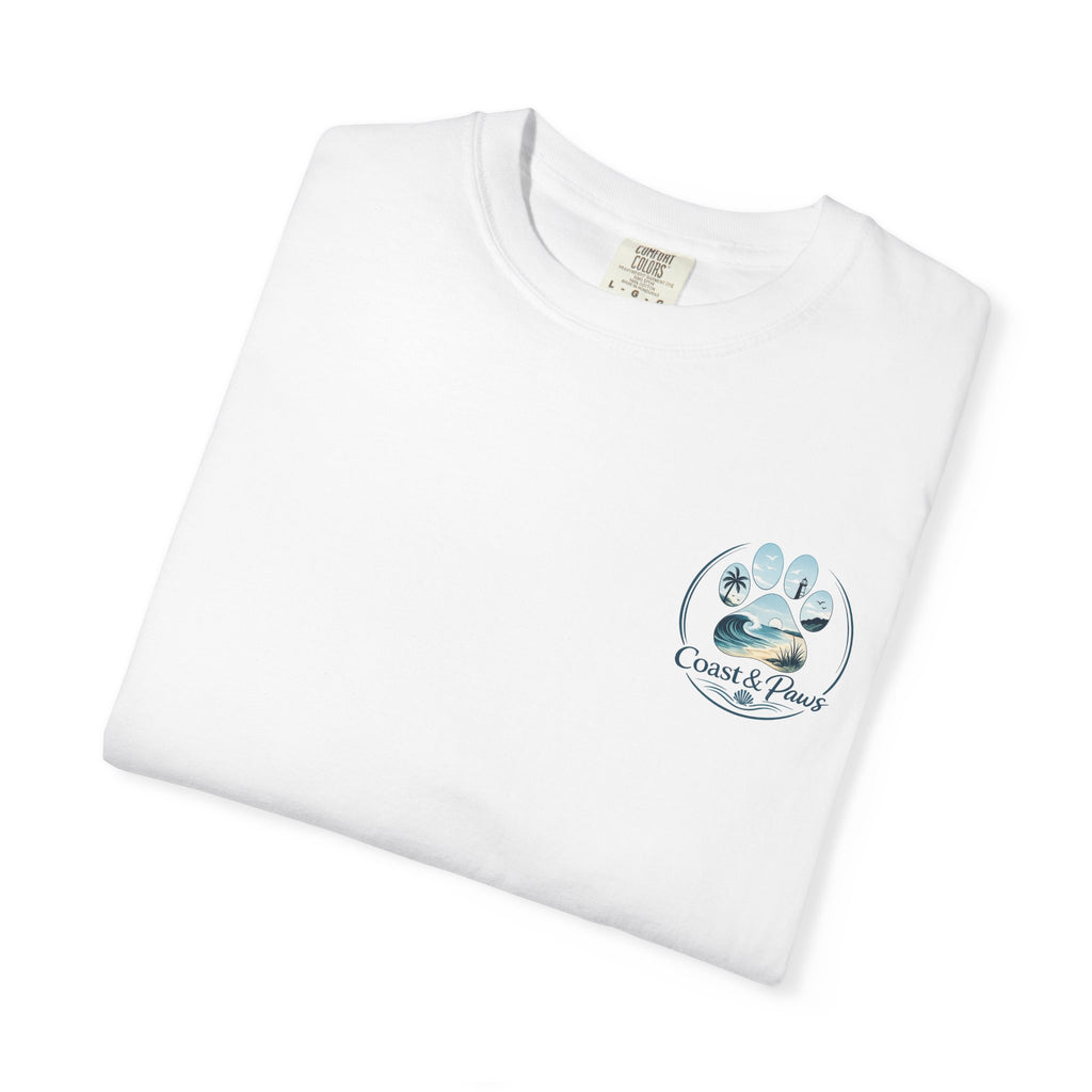 Paws Tides & Good Vibes T-Shirt | Beach Dog Paw Print Coastal Scene