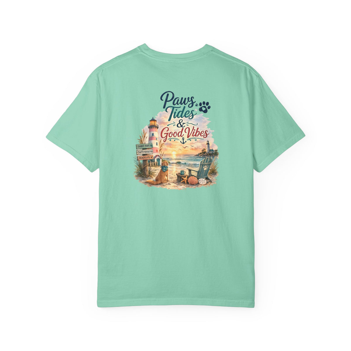 Paws Tides & Good Vibes T-Shirt | Beach Dog Paw Print Coastal Scene
