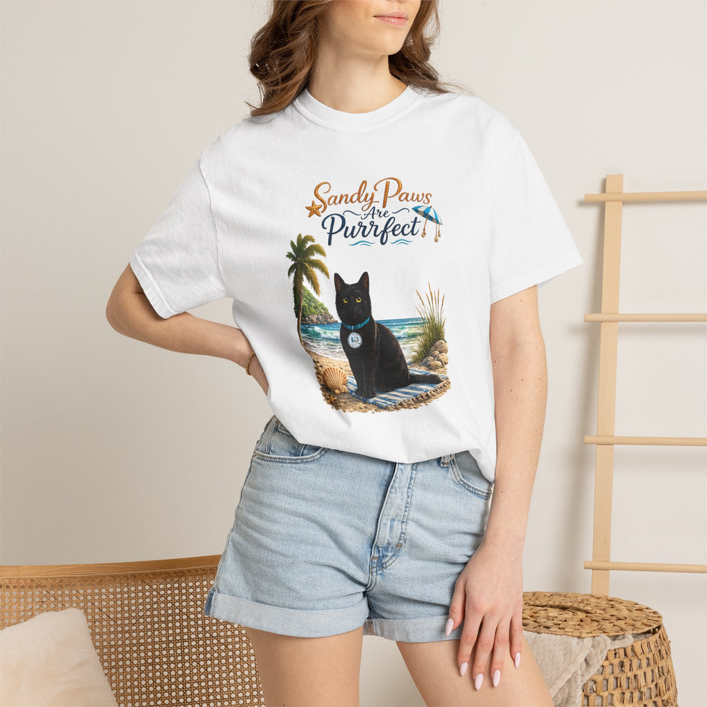 Sandy Paws Are Purrfect - Comfort Colors Unisex Garment Dyed Cat Beach T-Shirt