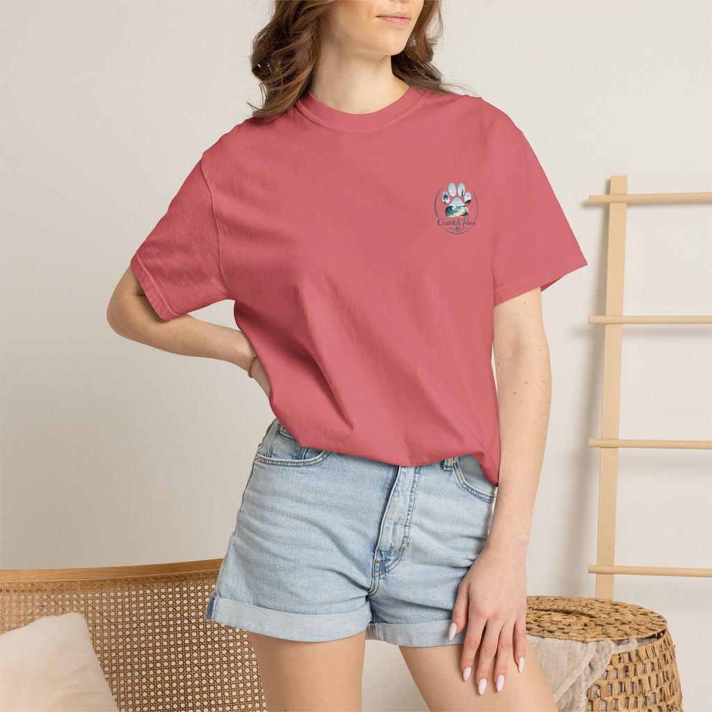 Paws Tides & Good Vibes T-Shirt | Beach Dog Paw Print Coastal Scene