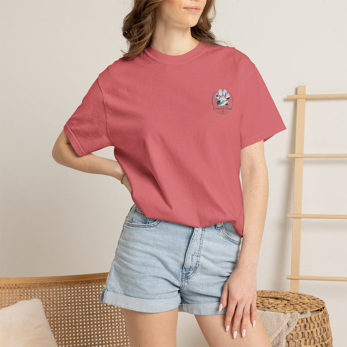 Paws Tides & Good Vibes T-Shirt | Beach Dog Paw Print Coastal Scene