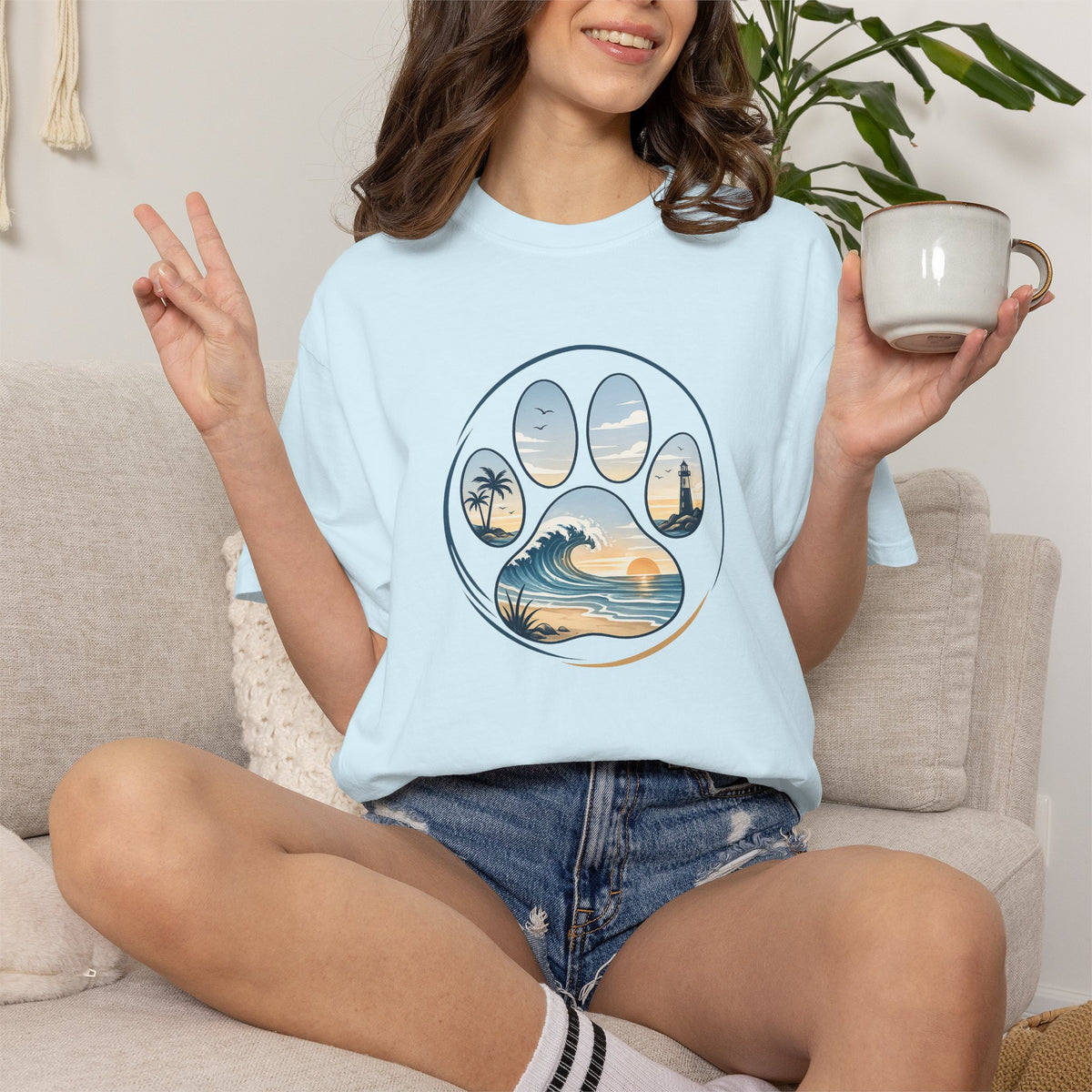 Ocean Paw Surf T-Shirt — Beach Sunset Paw Print Tee
