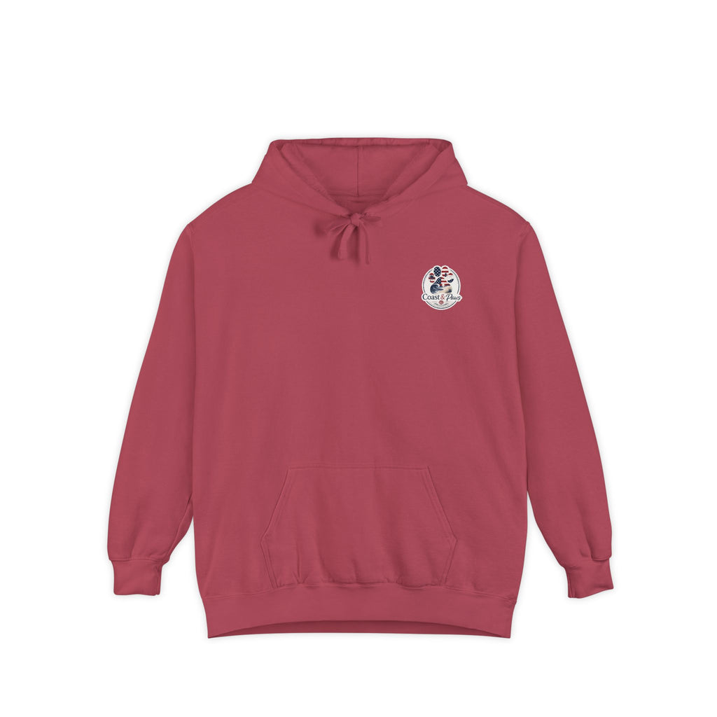 Patriotic Signature Coast & Paws Hoodie — Small Left-Chest Graphic, Cozy Casual Pullover
