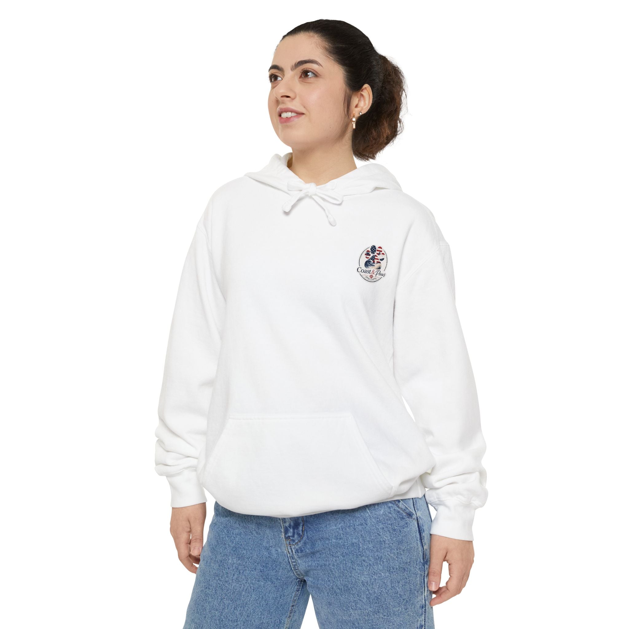 Patriotic Signature Coast & Paws Hoodie — Small Left-Chest Graphic, Cozy Casual Pullover