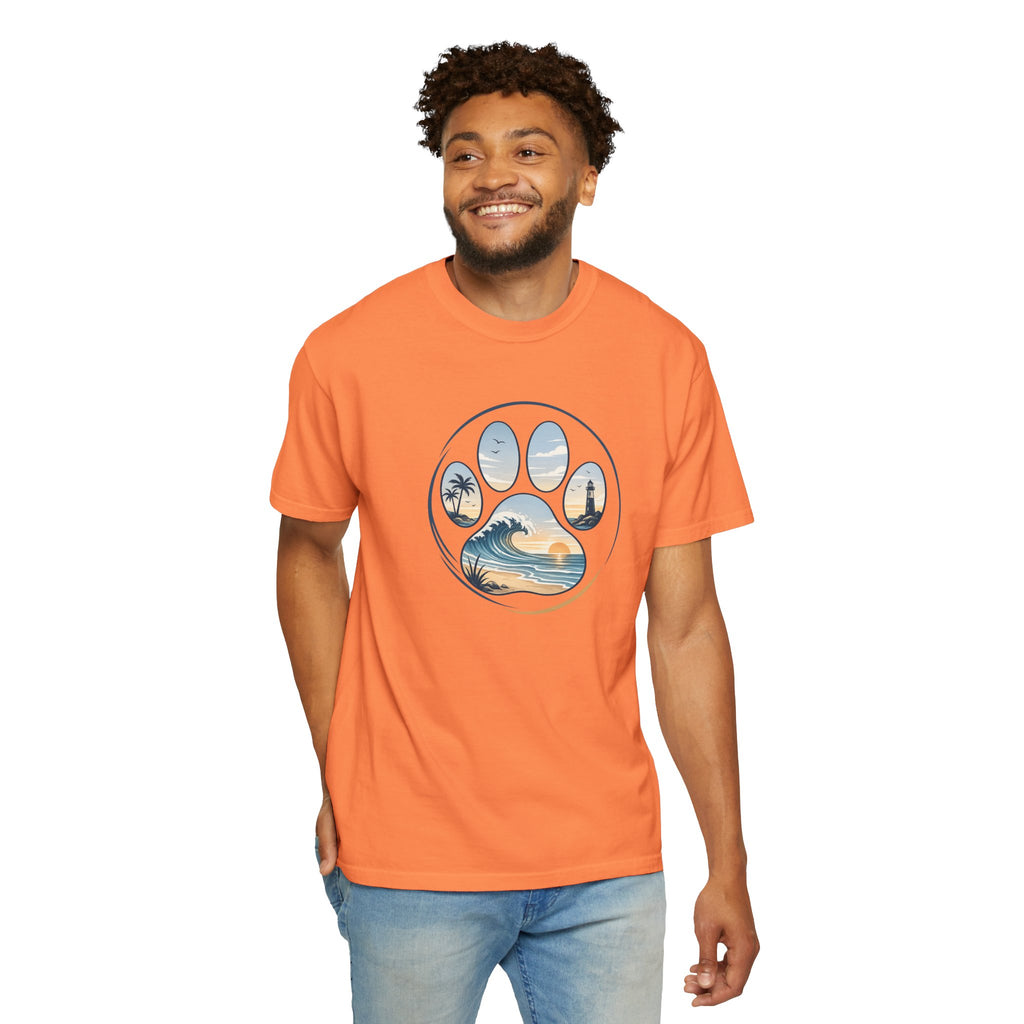 Ocean Paw Surf T-Shirt — Beach Sunset Paw Print Tee