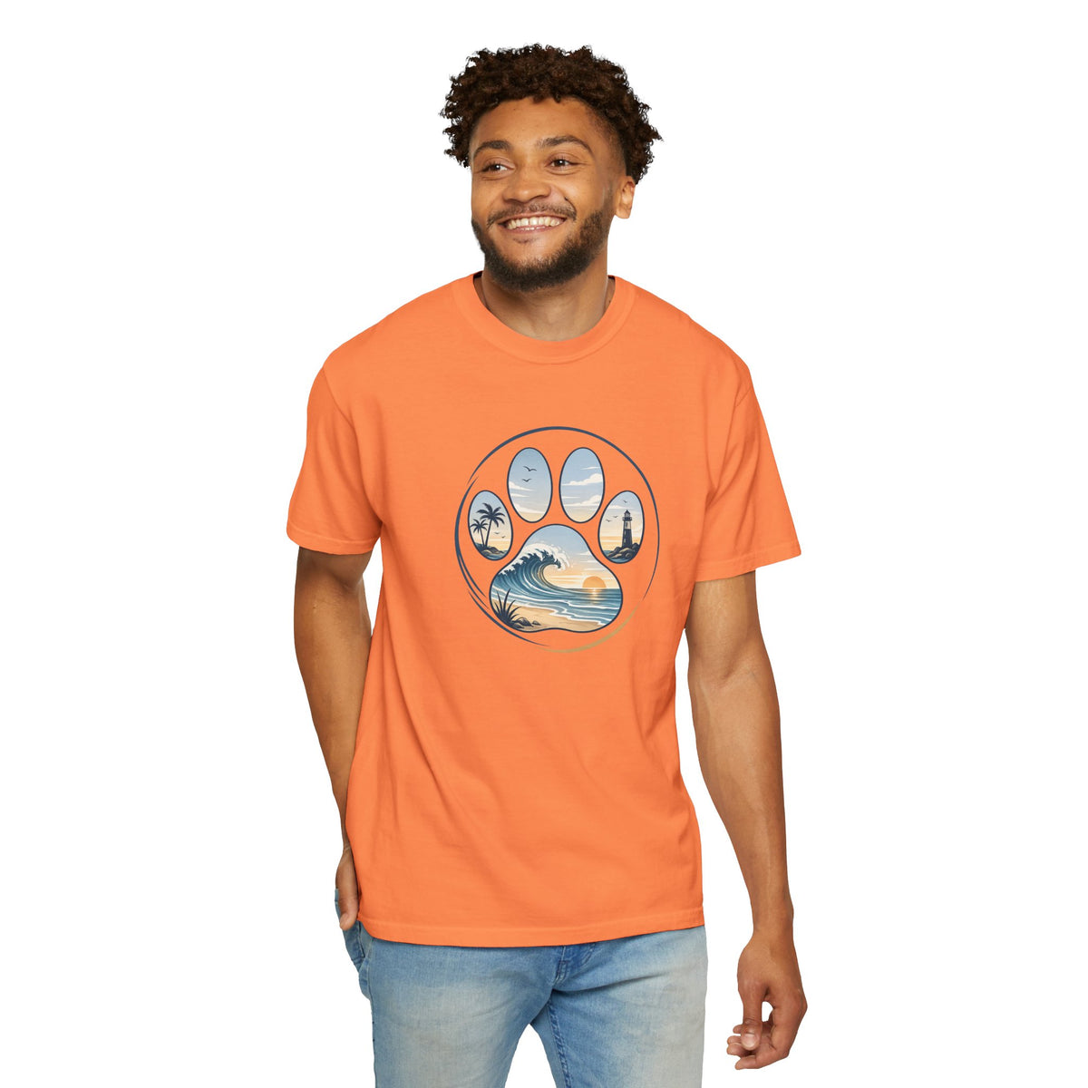Ocean Paw Surf T-Shirt — Beach Sunset Paw Print Tee