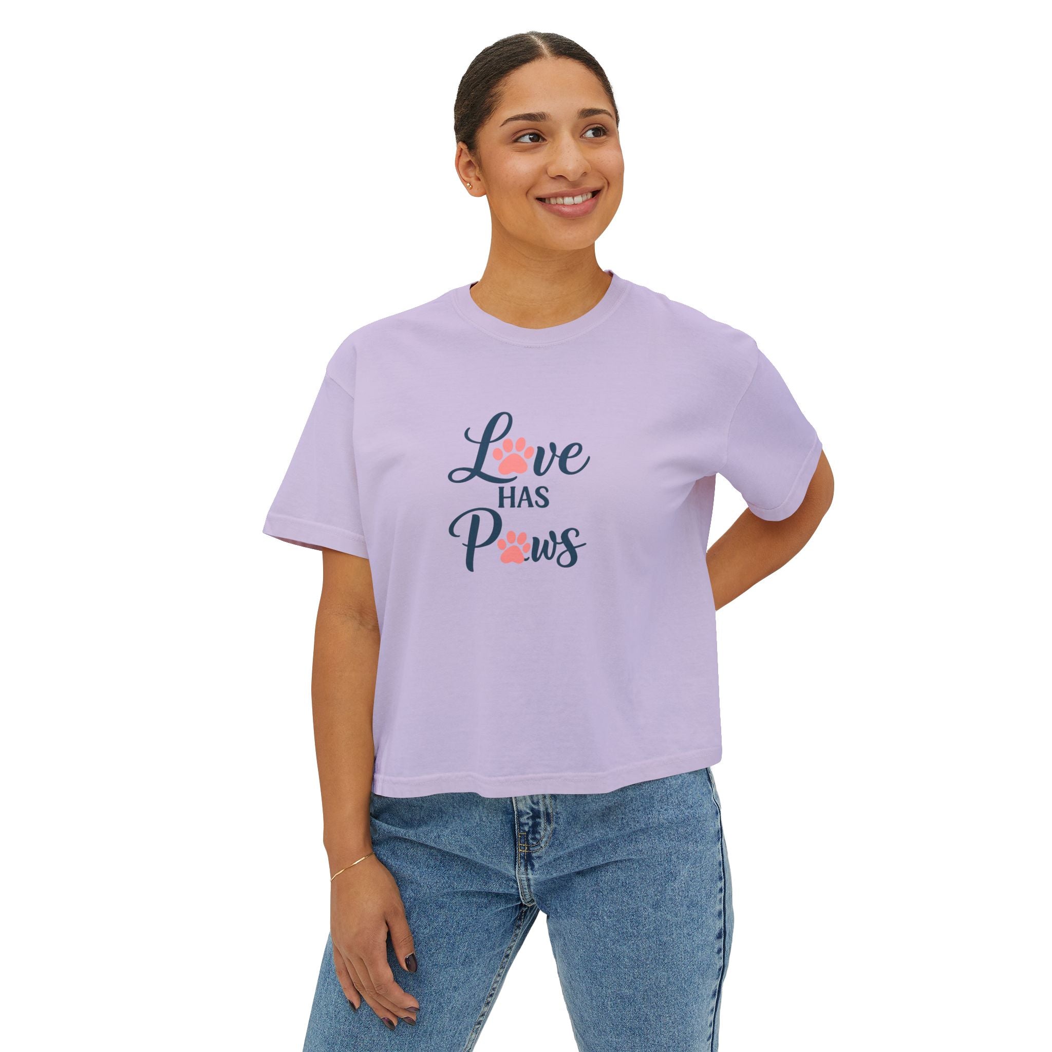 Love Has Paws Boxy Tee — Women’s Cute Cat & Dog Paw Comfort Colors Graphic Shirt