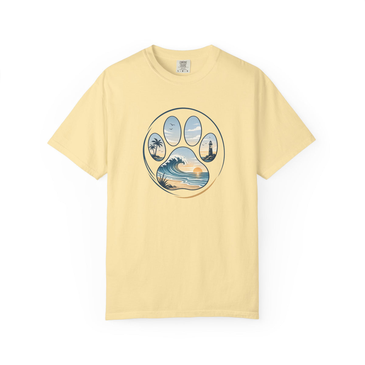 Ocean Paw Surf T-Shirt — Beach Sunset Paw Print Tee