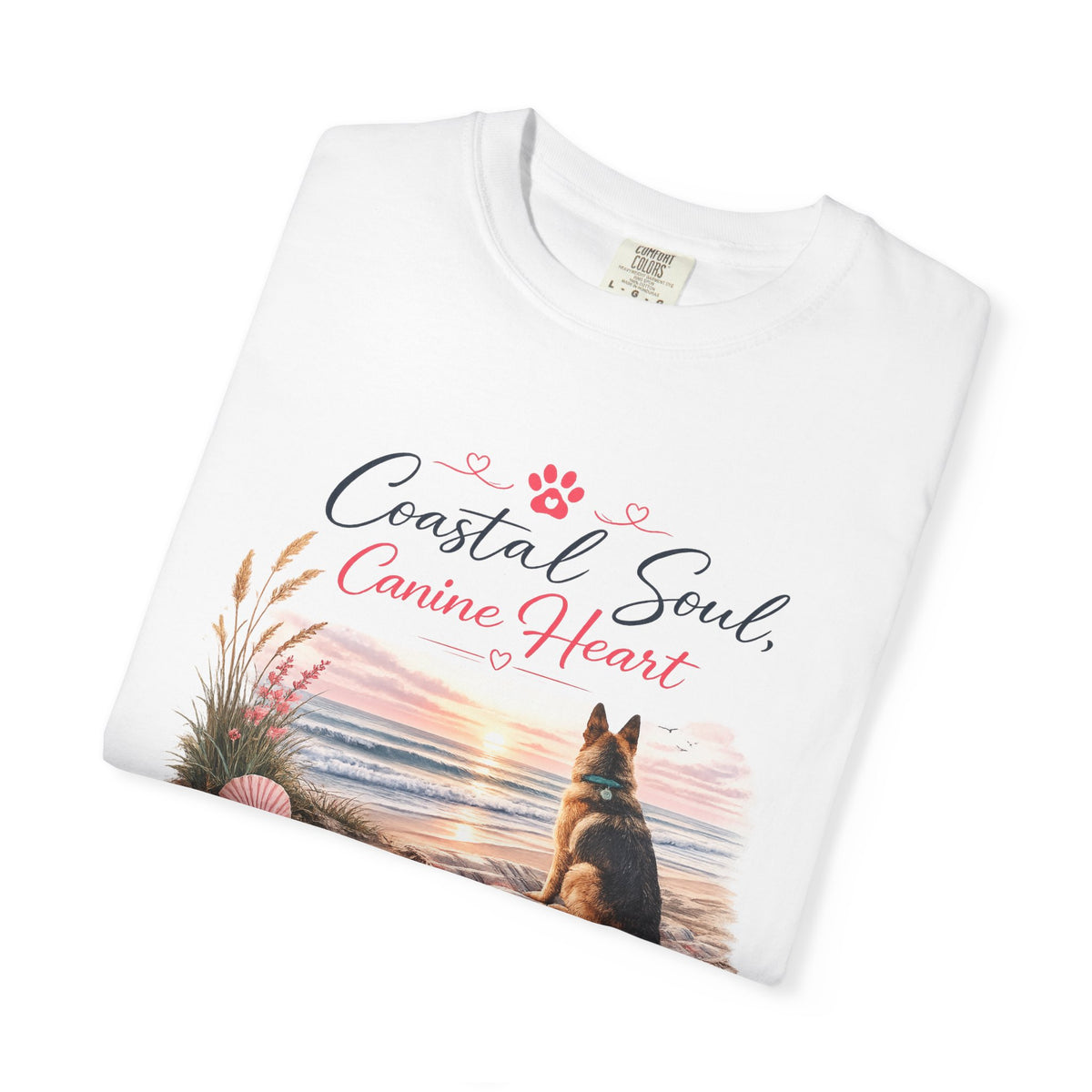 Coastal Soul Canine Heart T-shirt | Beach Dog Sunset Design