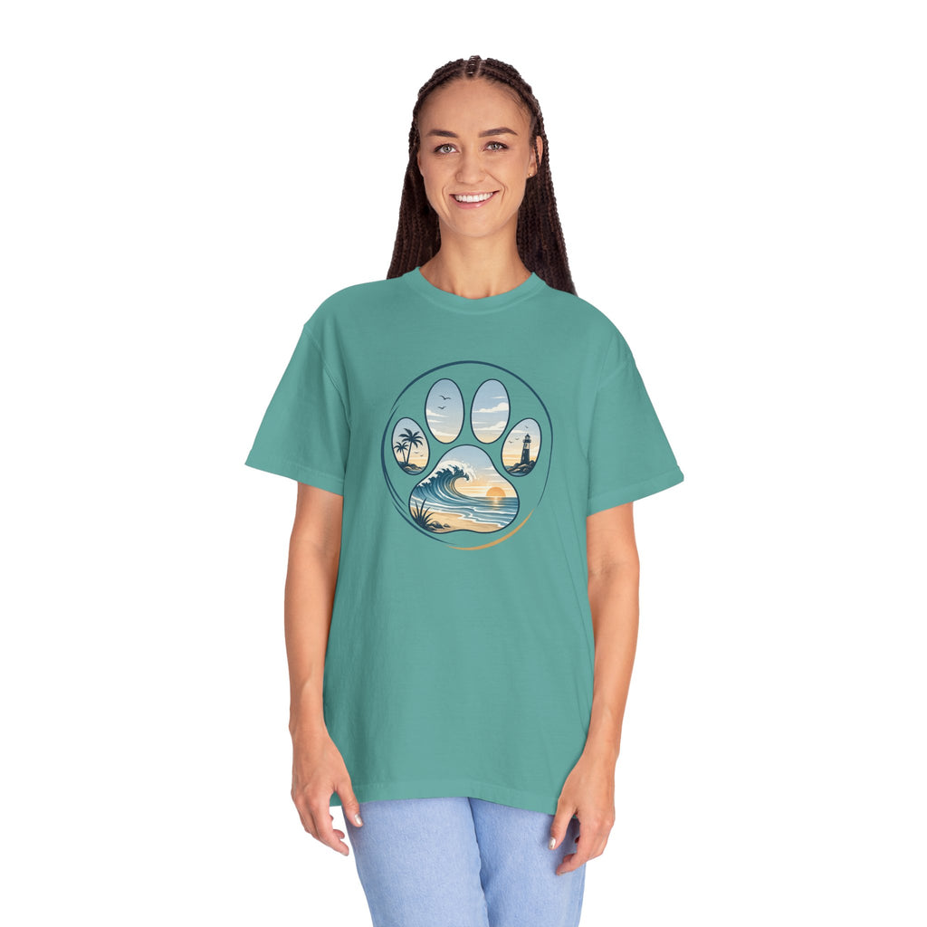 Ocean Paw Surf T-Shirt — Beach Sunset Paw Print Tee