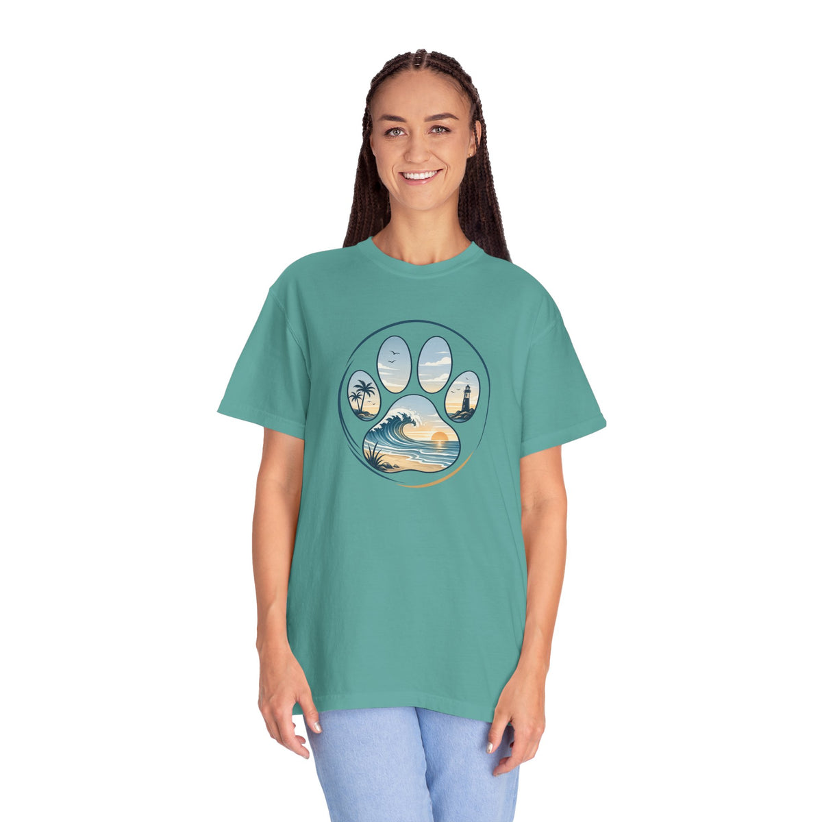 Ocean Paw Surf T-Shirt — Beach Sunset Paw Print Tee