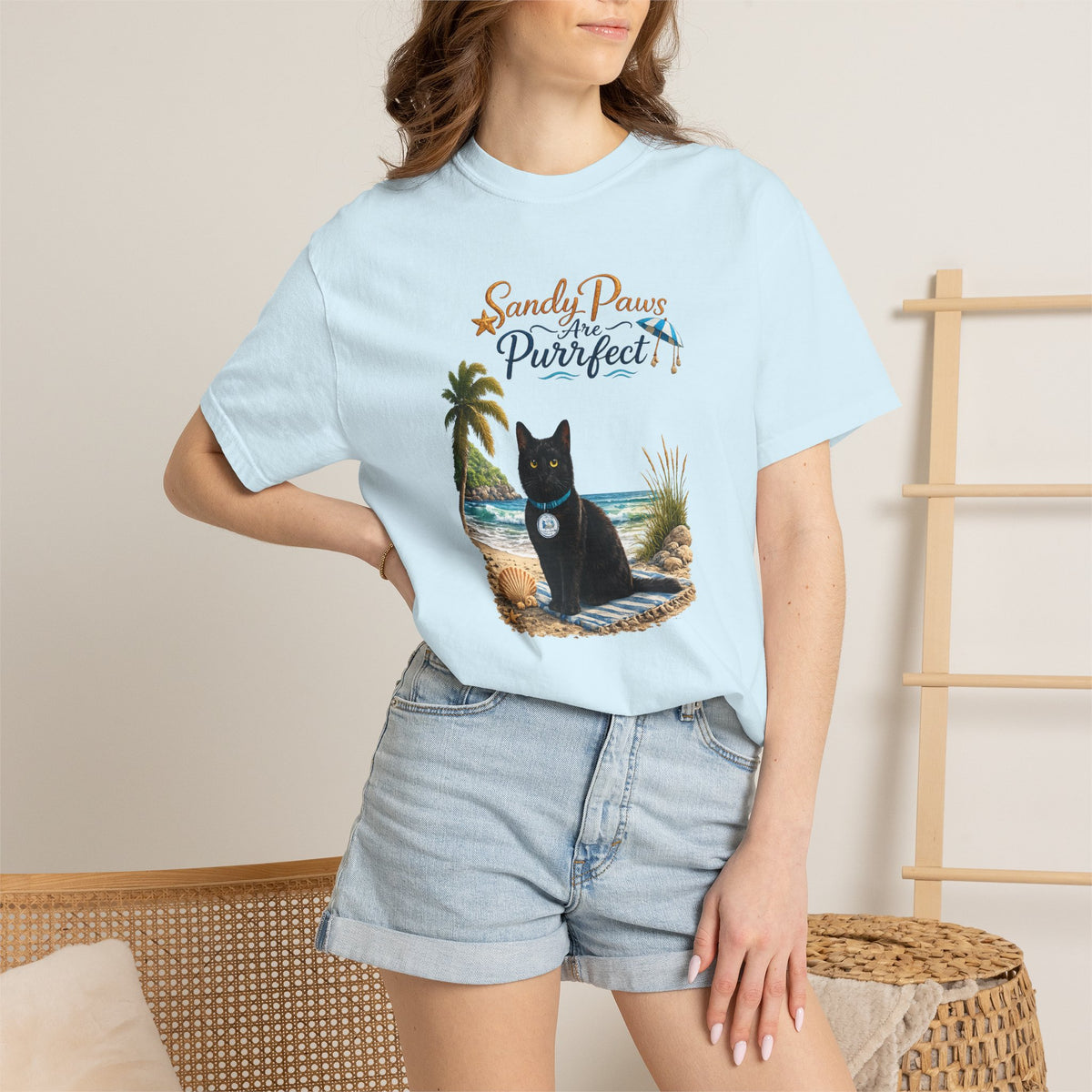 Sandy Paws Are Purrfect - Comfort Colors Unisex Garment Dyed Cat Beach T-Shirt
