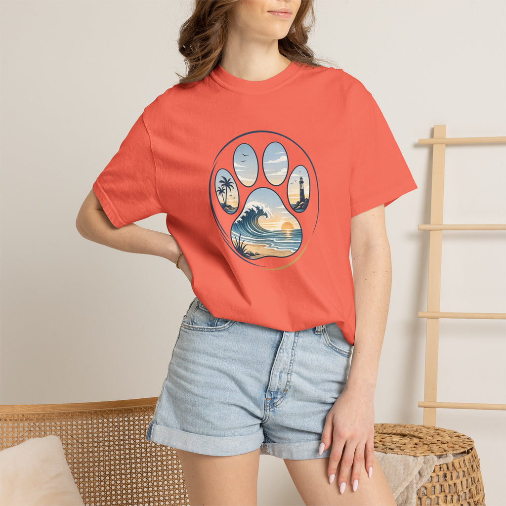 Ocean Paw Surf T-Shirt — Beach Sunset Paw Print Tee