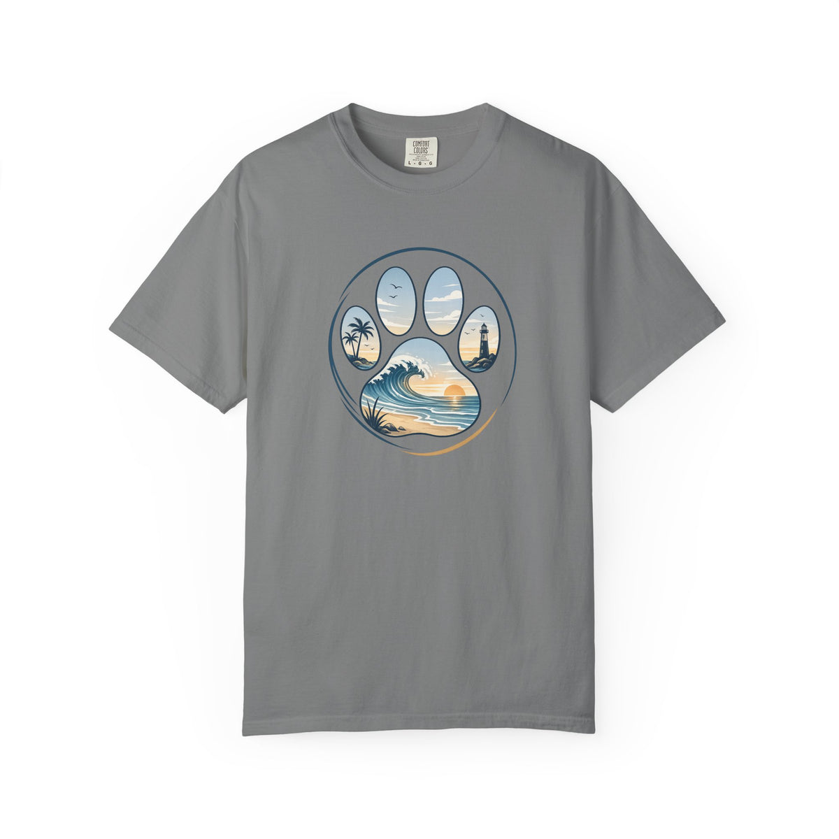 Ocean Paw Surf T-Shirt — Beach Sunset Paw Print Tee