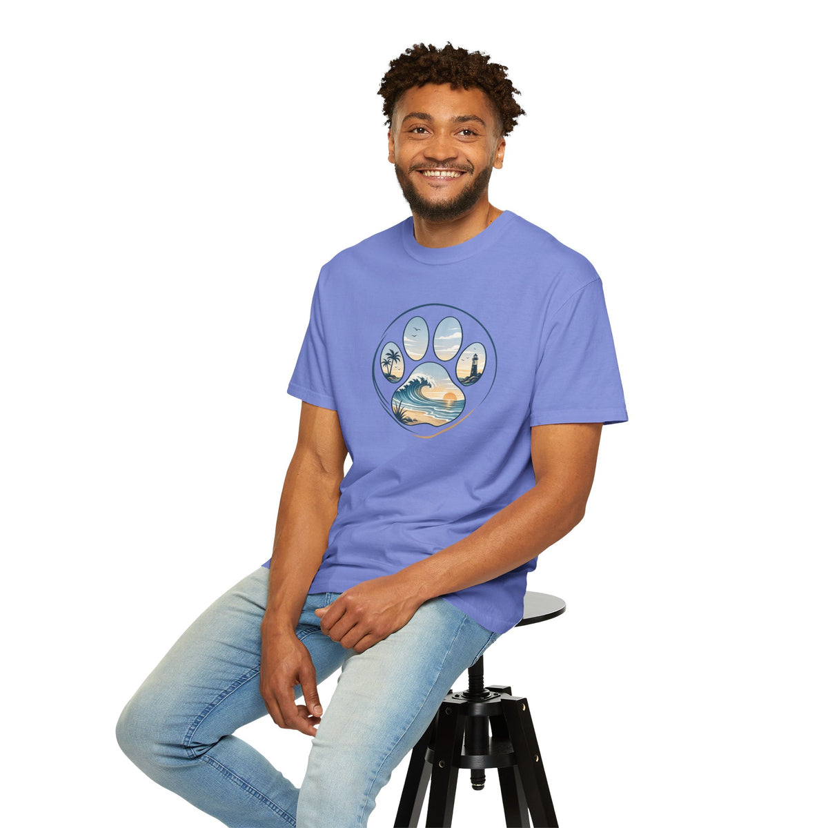 Ocean Paw Surf T-Shirt — Beach Sunset Paw Print Tee