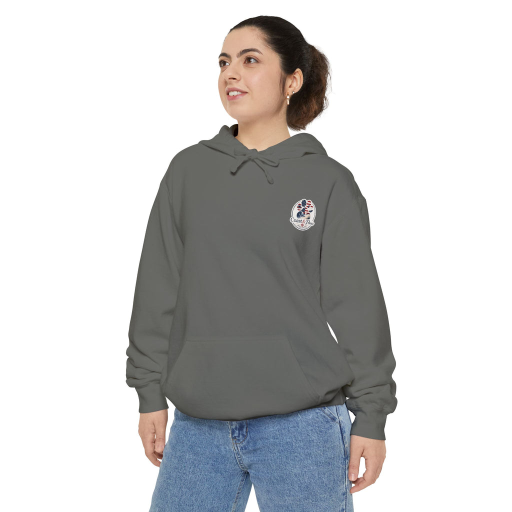 Patriotic Signature Coast & Paws Hoodie — Small Left-Chest Graphic, Cozy Casual Pullover