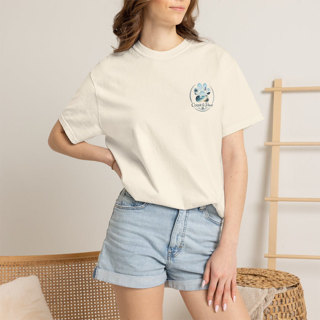 Paws Tides & Good Vibes T-Shirt | Beach Dog Paw Print Coastal Scene