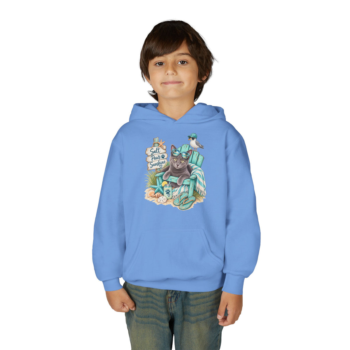 Youth Hoodie — "Sea Side Nap" Cat Beach Graphic Sweatshirt