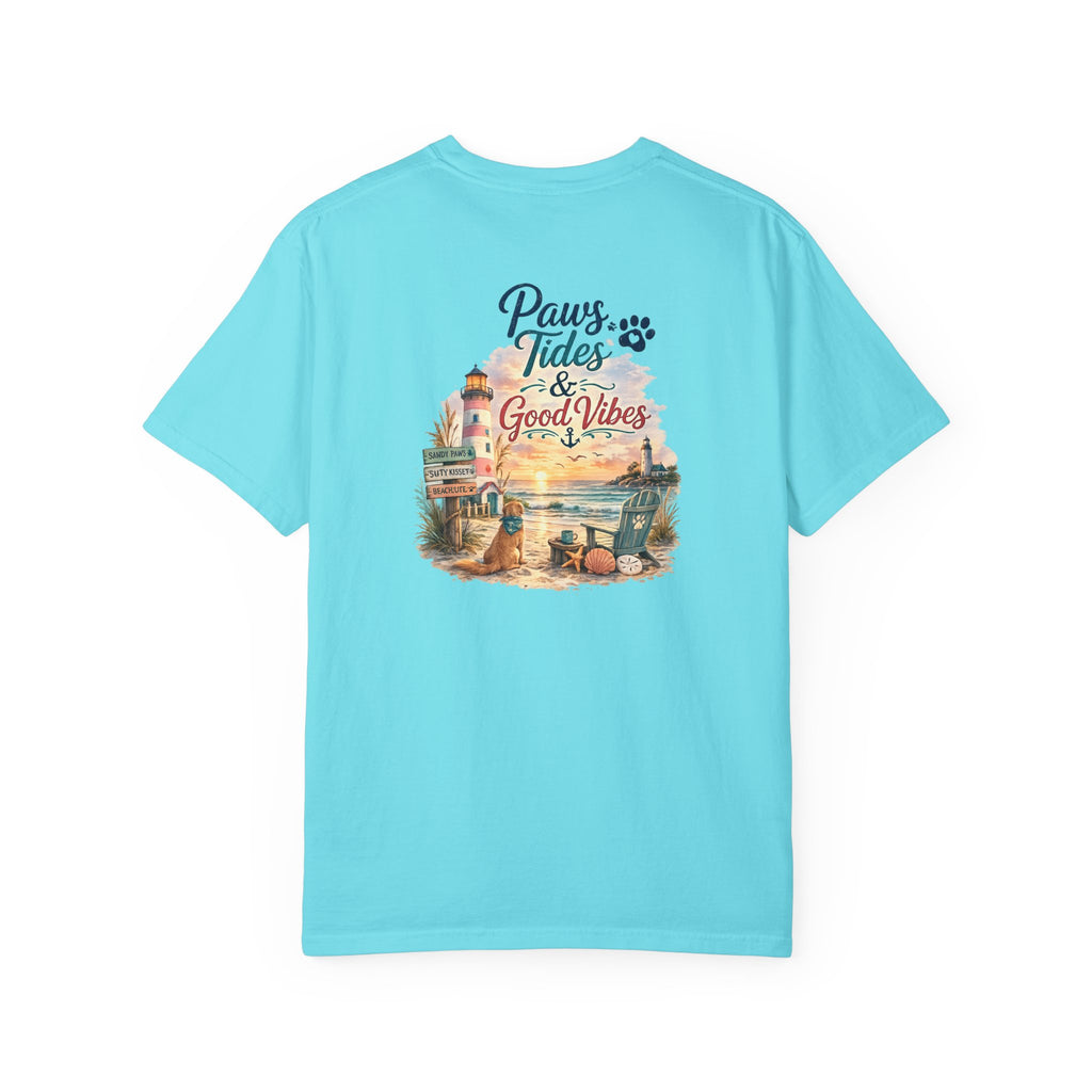 Paws Tides & Good Vibes T-Shirt | Beach Dog Paw Print Coastal Scene