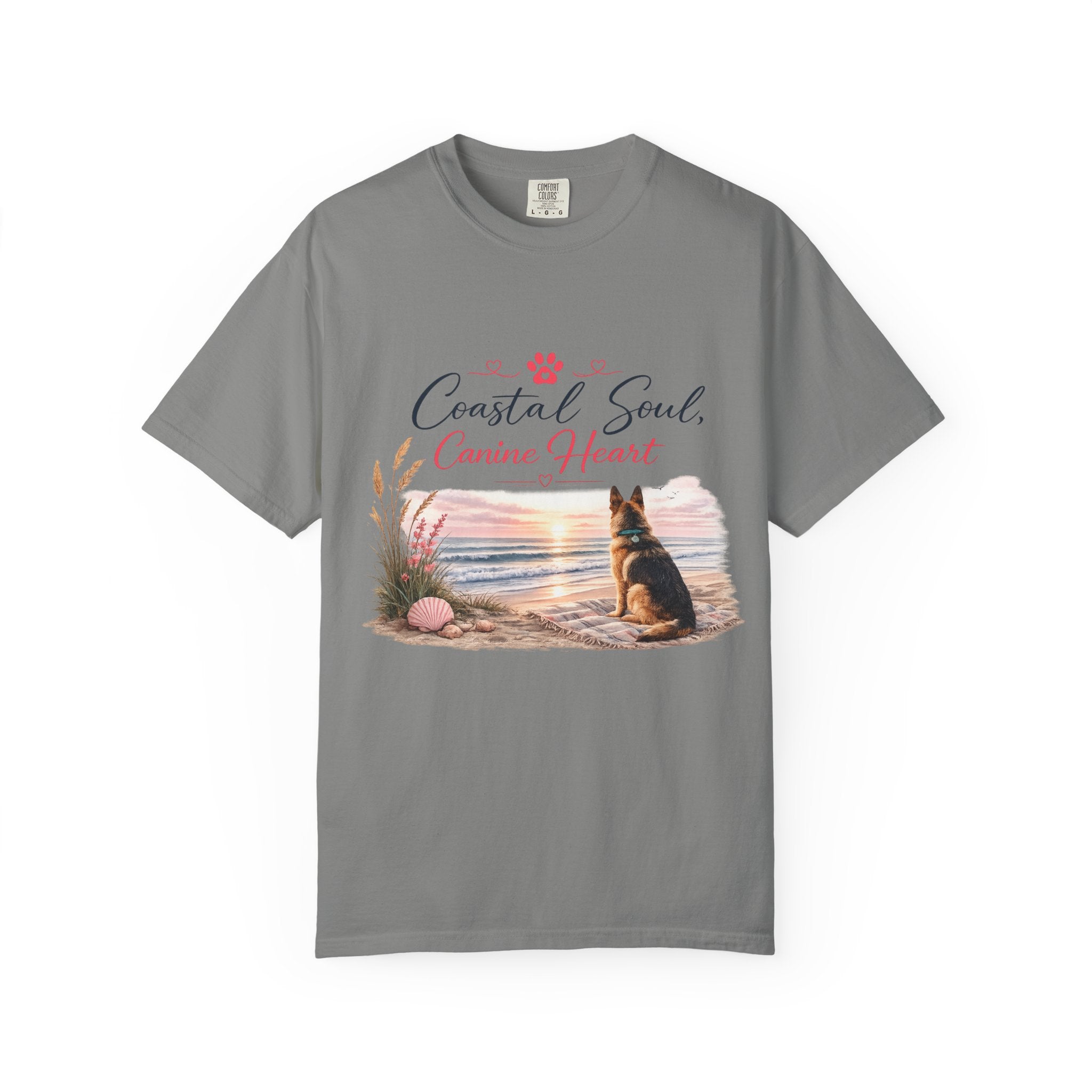 Coastal Soul Canine Heart T-shirt | Beach Dog Sunset Design