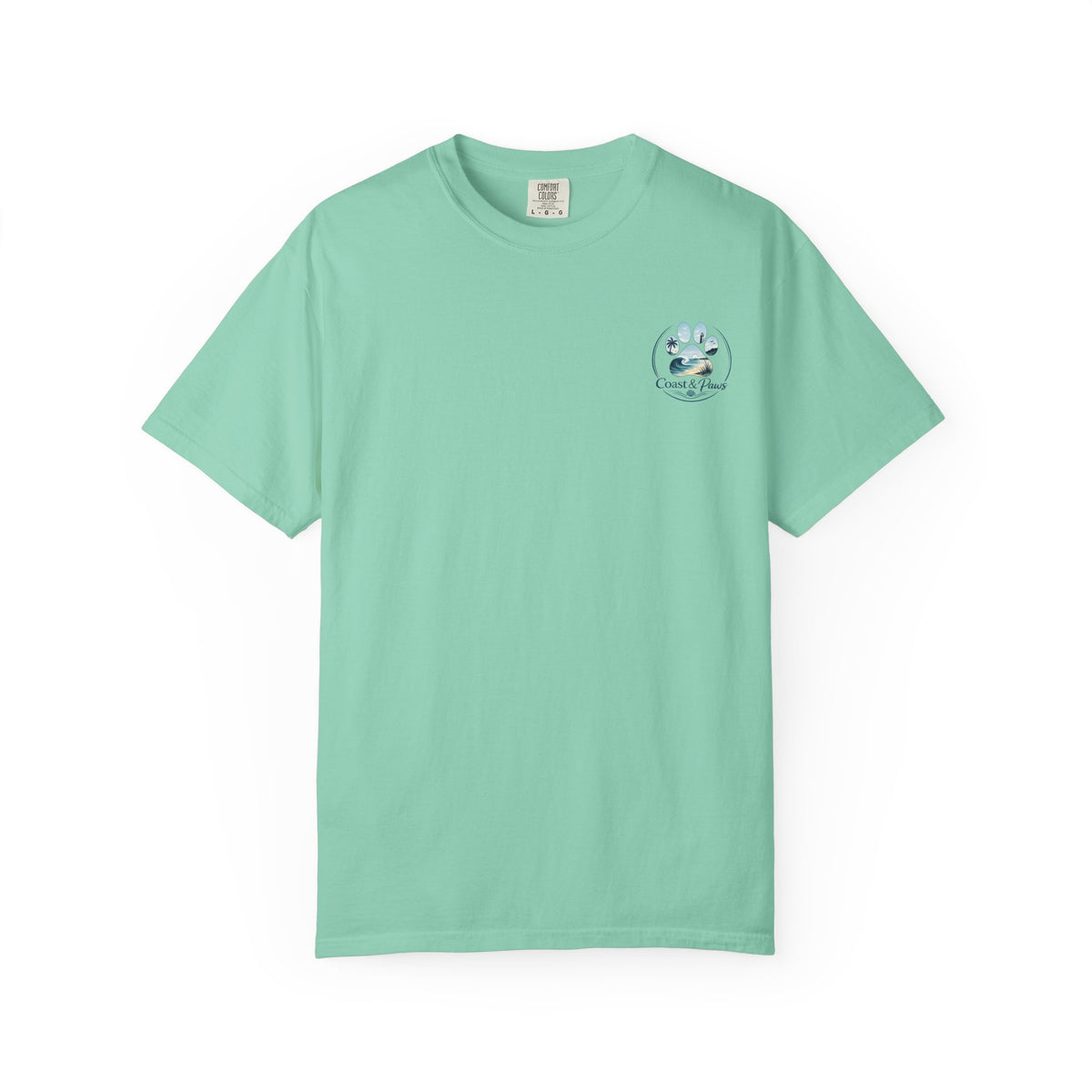 Paws Tides & Good Vibes T-Shirt | Beach Dog Paw Print Coastal Scene