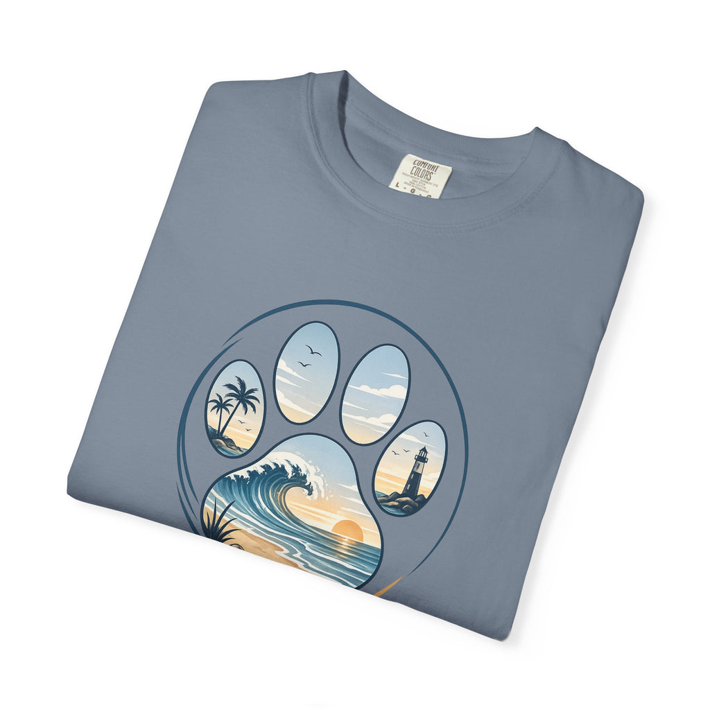Ocean Paw Surf T-Shirt — Beach Sunset Paw Print Tee