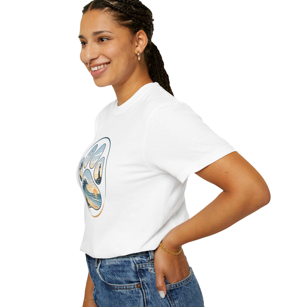 Ocean Paw Surf T-Shirt — Beach Sunset Paw Print Tee