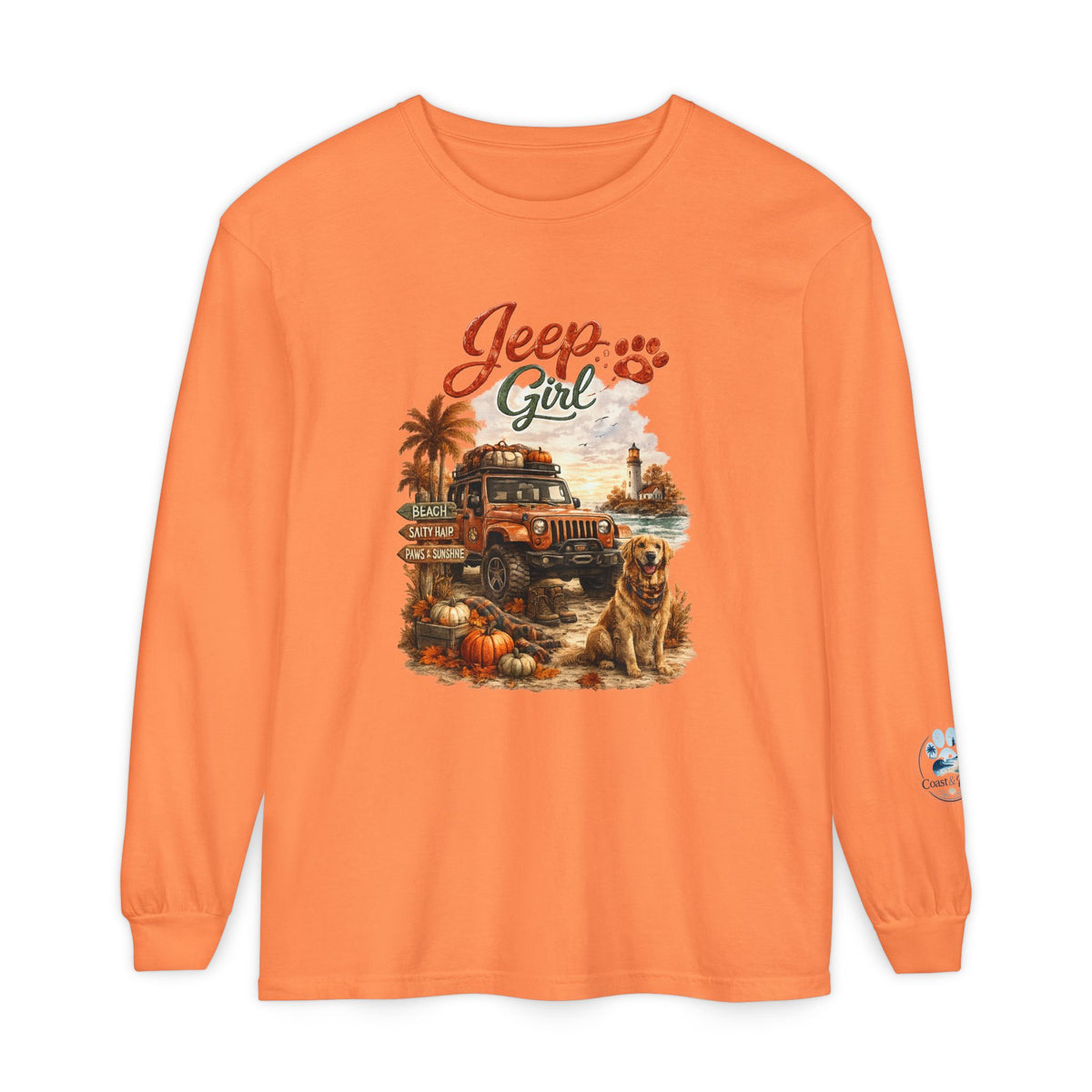 Jeep Girl Long Sleeve Tee — Fall Adventure Pumpkins & Dog Graphic