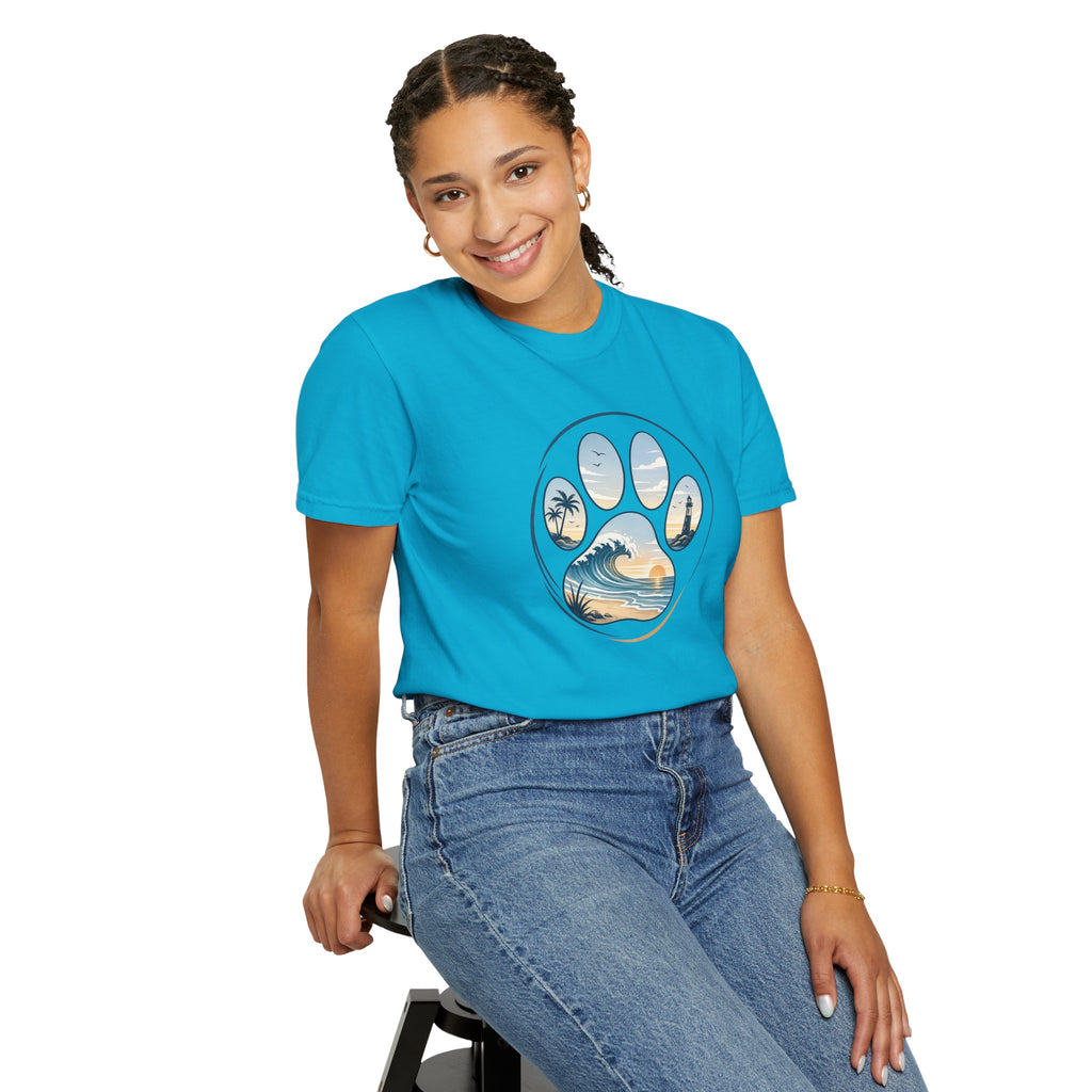 Ocean Paw Surf T-Shirt — Beach Sunset Paw Print Tee
