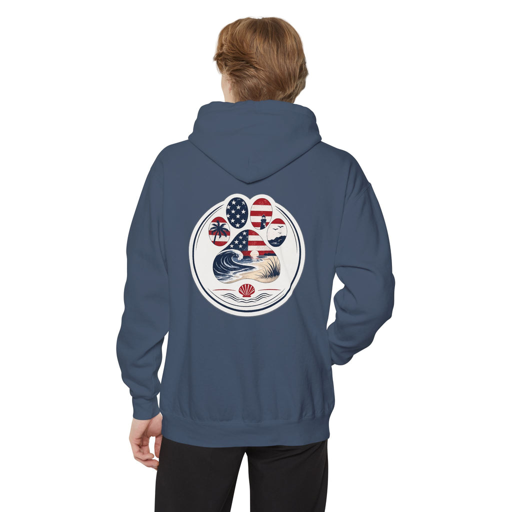 Patriotic Signature Coast & Paws Hoodie — Small Left-Chest Graphic, Cozy Casual Pullover