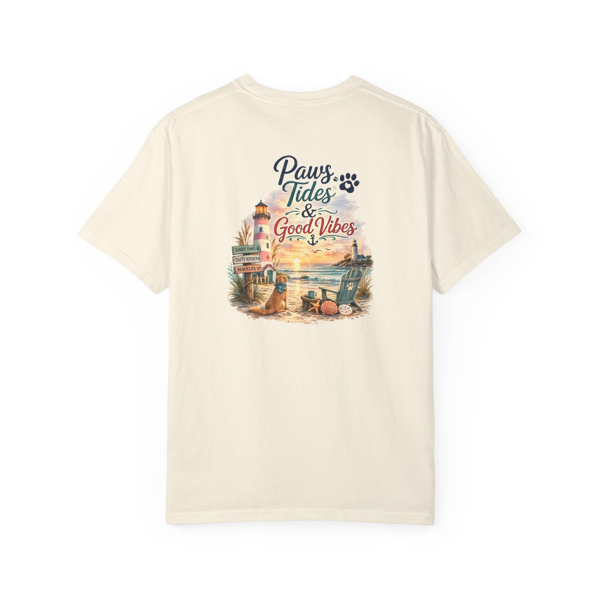 Paws Tides & Good Vibes T-Shirt | Beach Dog Paw Print Coastal Scene