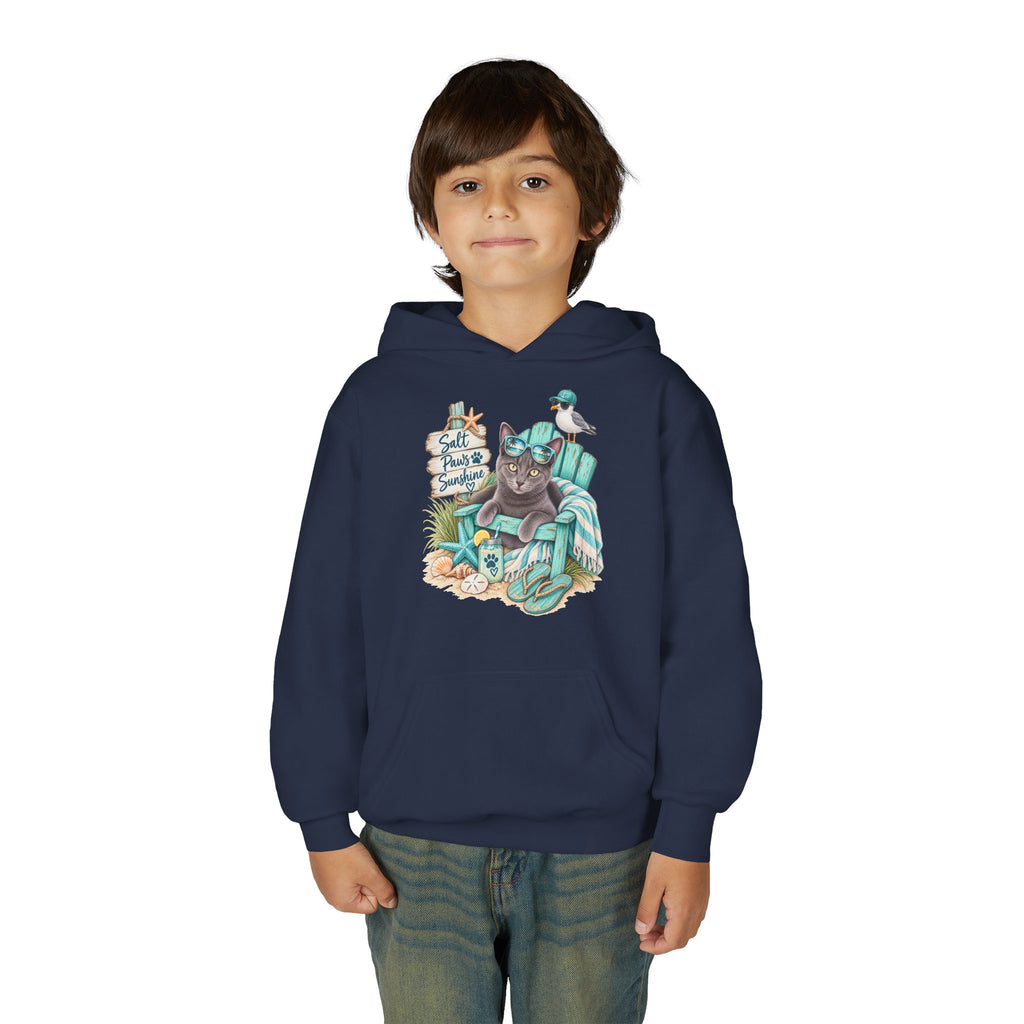Youth Hoodie — "Sea Side Nap" Cat Beach Graphic Sweatshirt