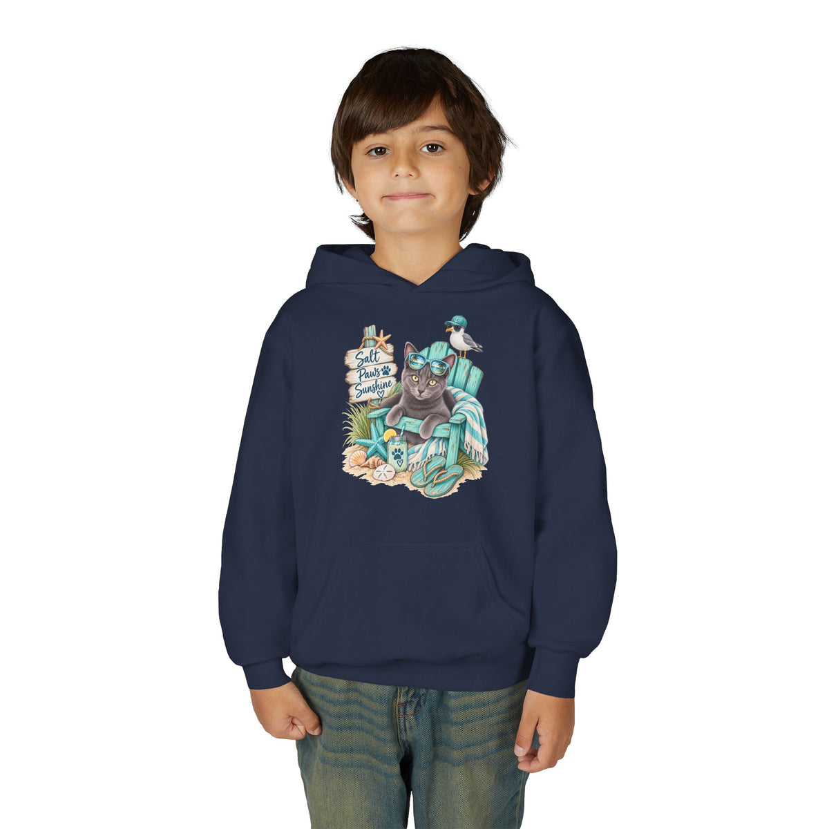 Youth Hoodie — "Sea Side Nap" Cat Beach Graphic Sweatshirt