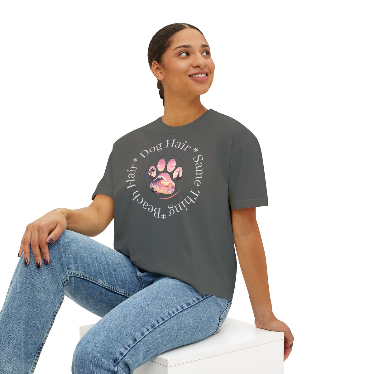 Boxy Tee "Beach Hair, Dog Hair, Same Thing" Paw Graphic
