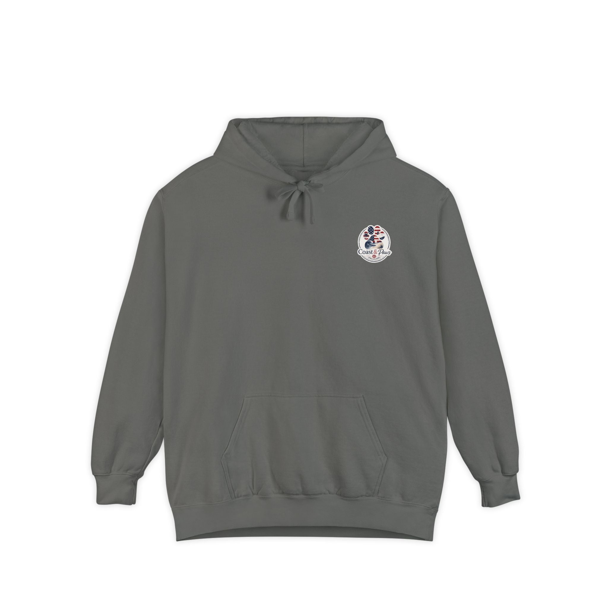 Patriotic Signature Coast & Paws Hoodie — Small Left-Chest Graphic, Cozy Casual Pullover