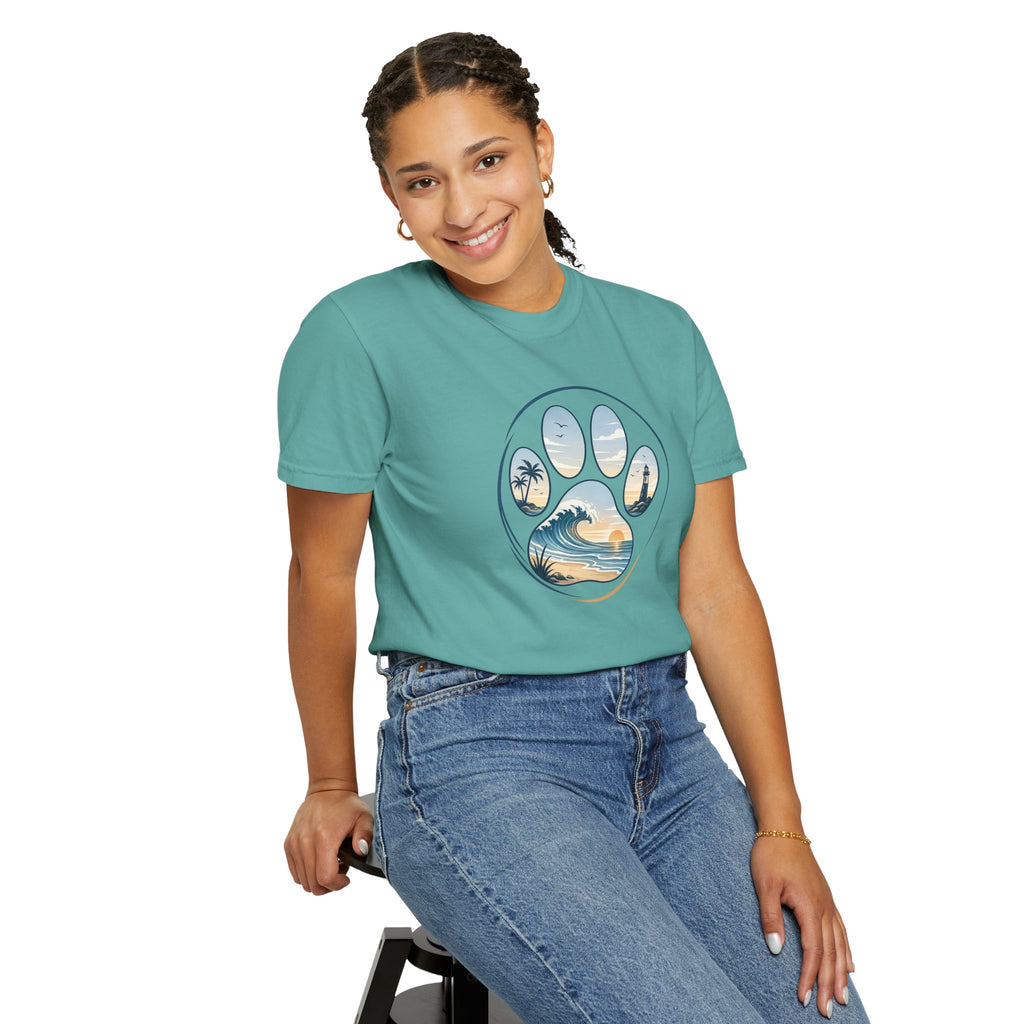 Ocean Paw Surf T-Shirt — Beach Sunset Paw Print Tee