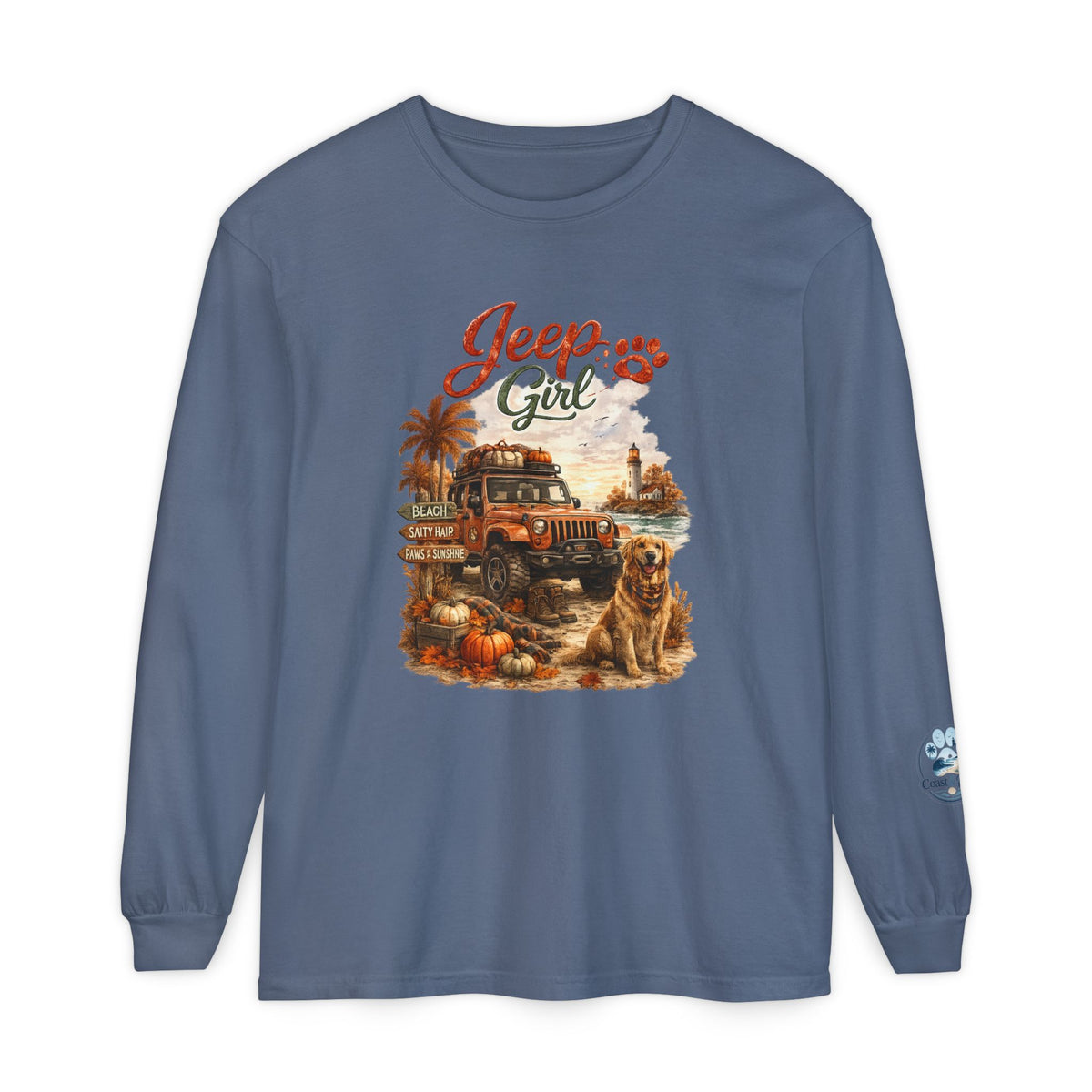 Jeep Girl Long Sleeve Tee — Fall Adventure Pumpkins & Dog Graphic