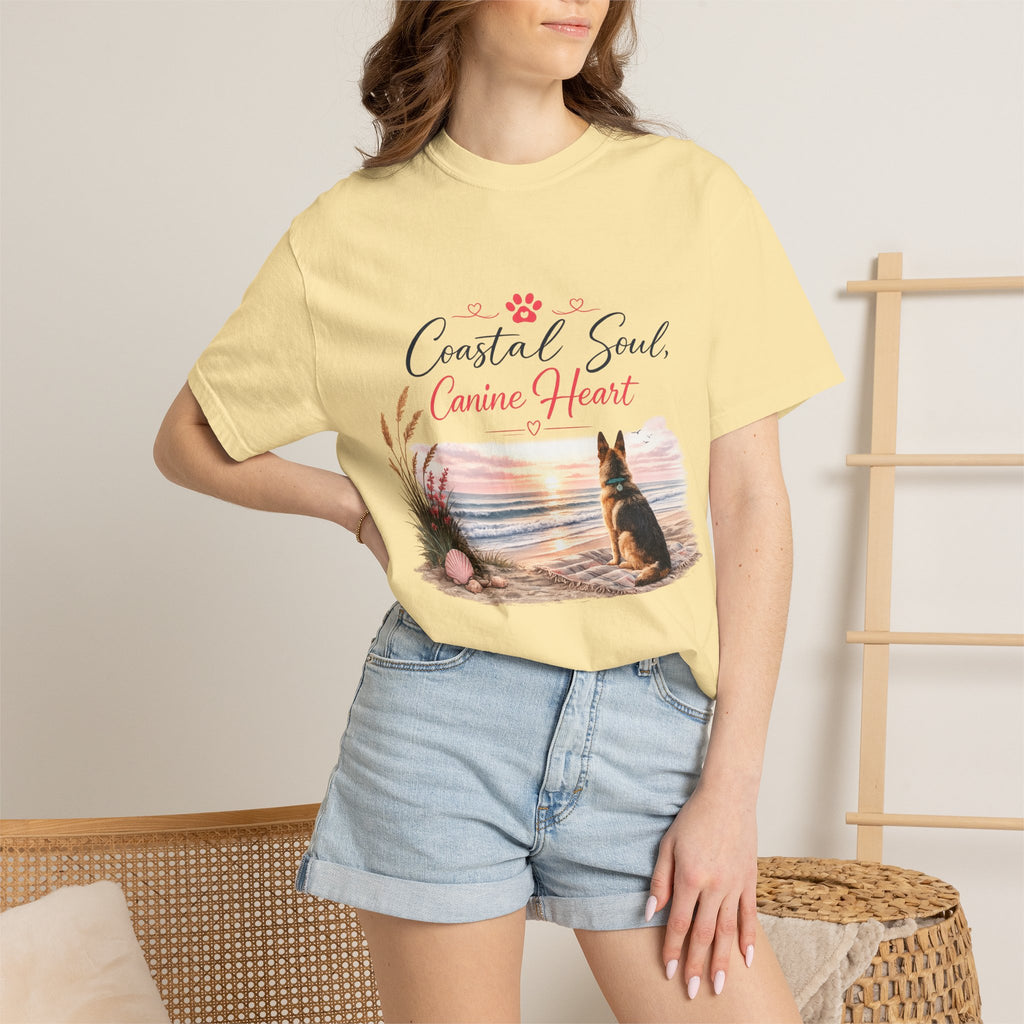 Coastal Soul Canine Heart T-shirt | Beach Dog Sunset Design