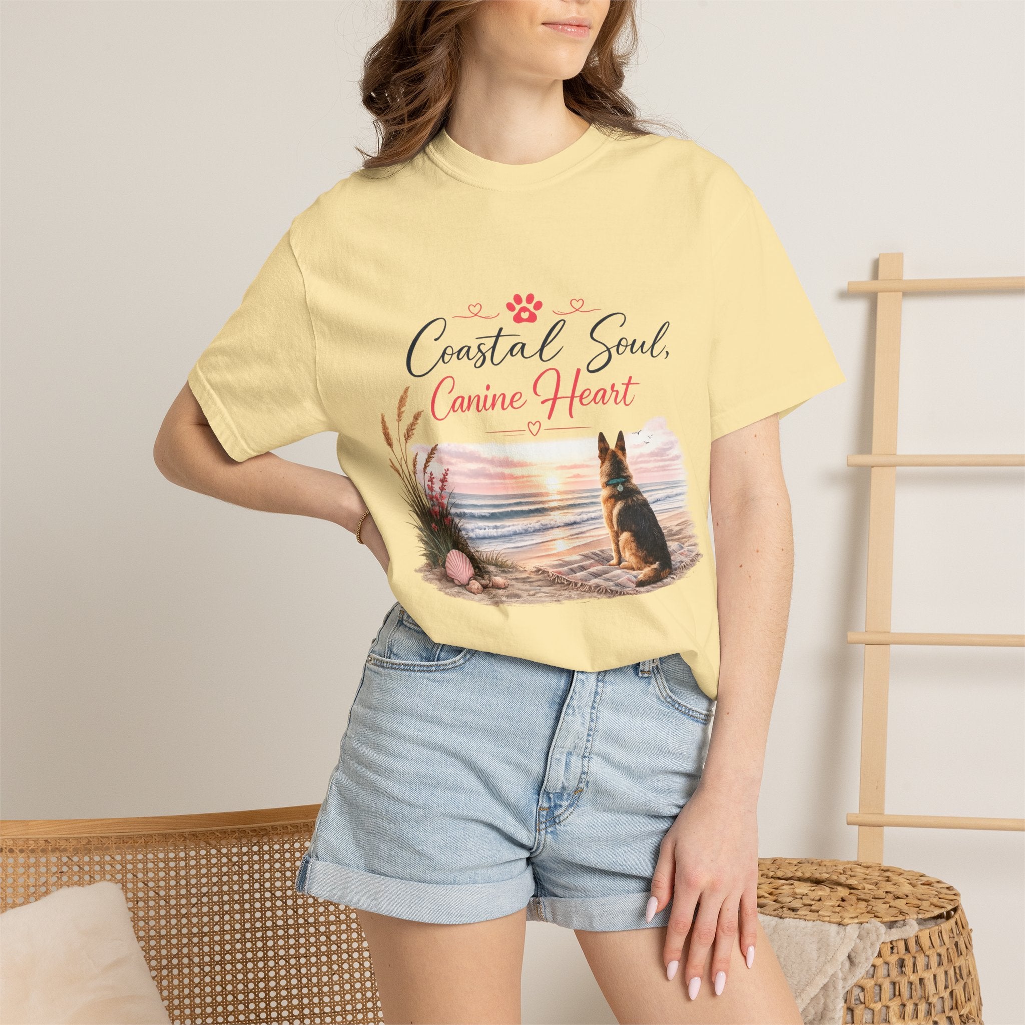 Coastal Soul Canine Heart T-shirt | Beach Dog Sunset Design