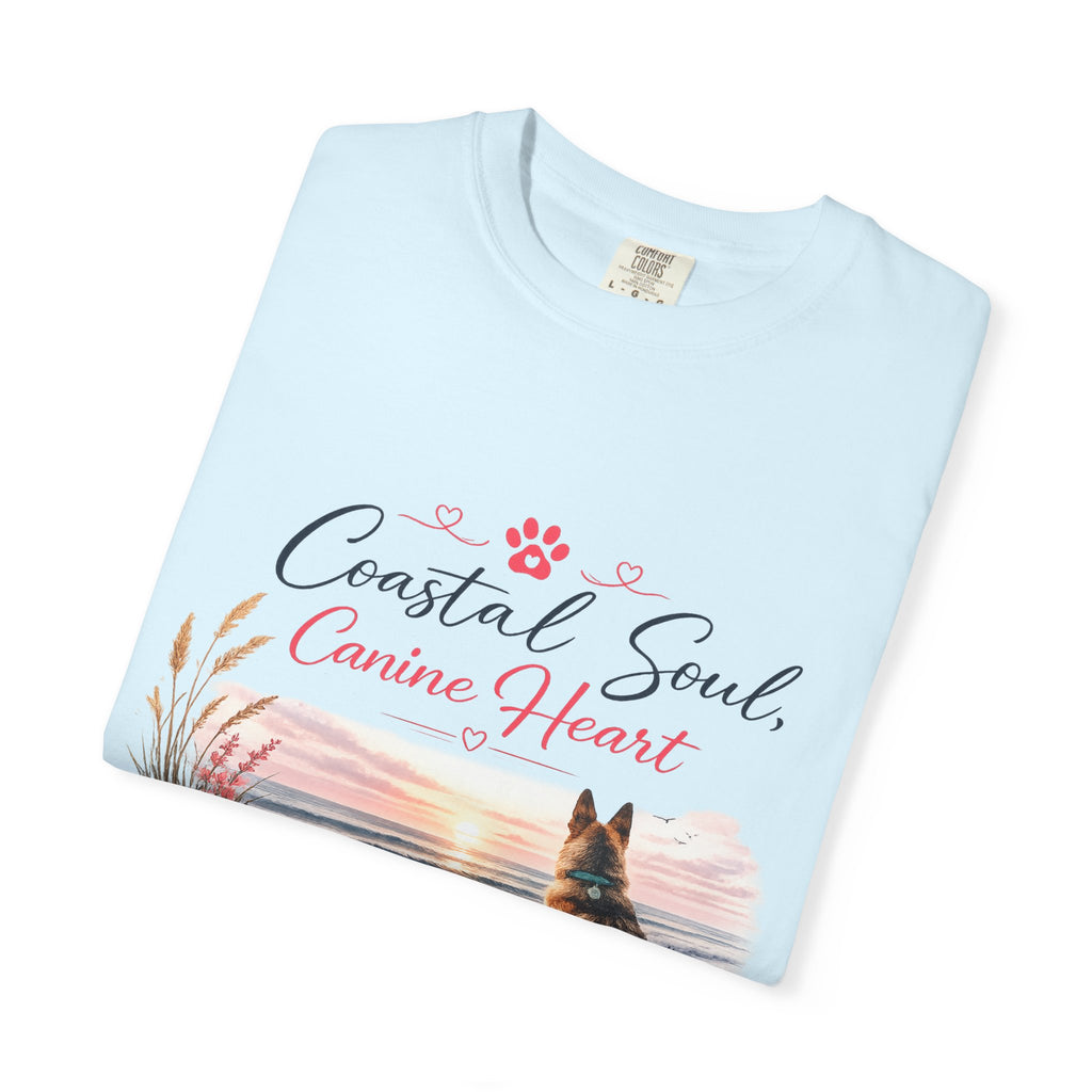 Coastal Soul Canine Heart T-shirt | Beach Dog Sunset Design