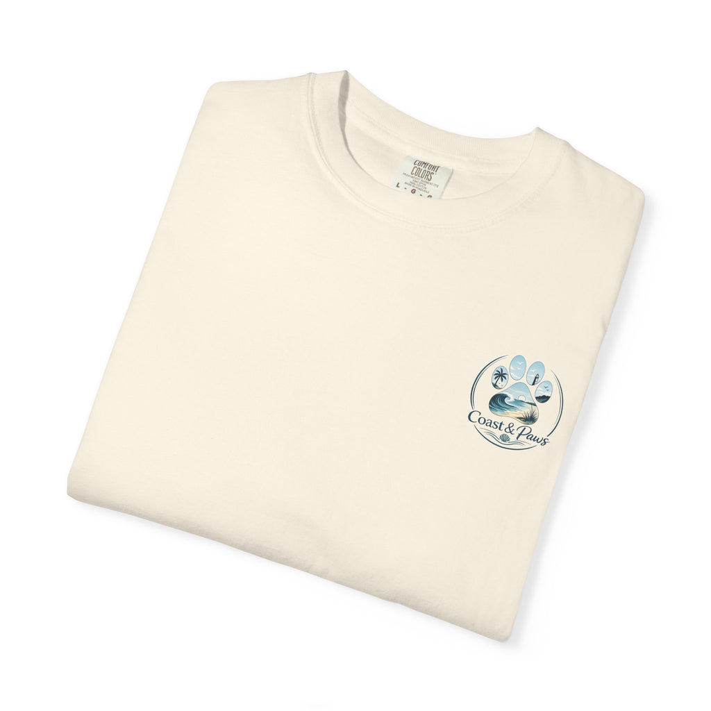 Paws Tides & Good Vibes T-Shirt | Beach Dog Paw Print Coastal Scene