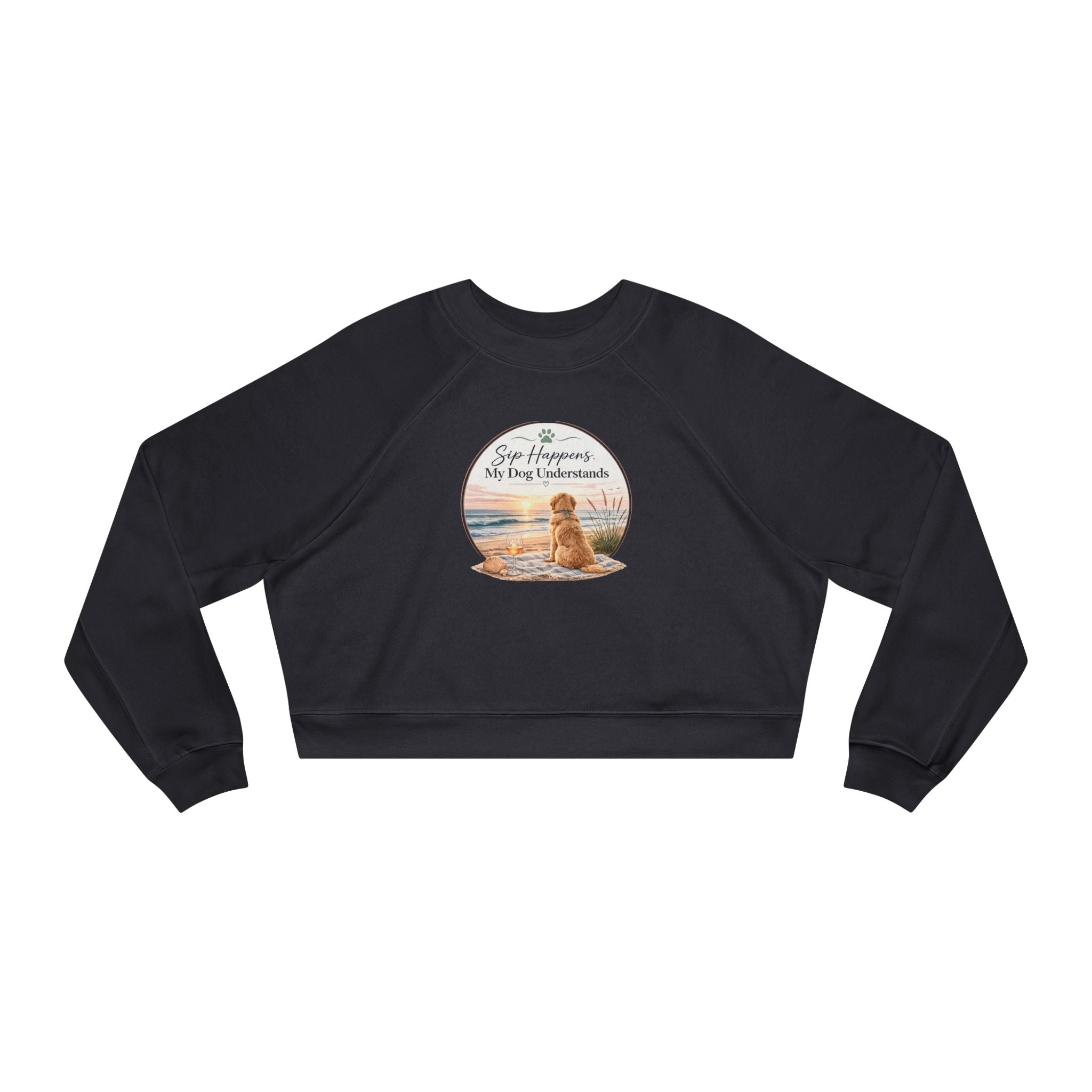 Cropped Pullover – Golden Retriever Beach "Sip Happens My Dog Understands" Graphic
