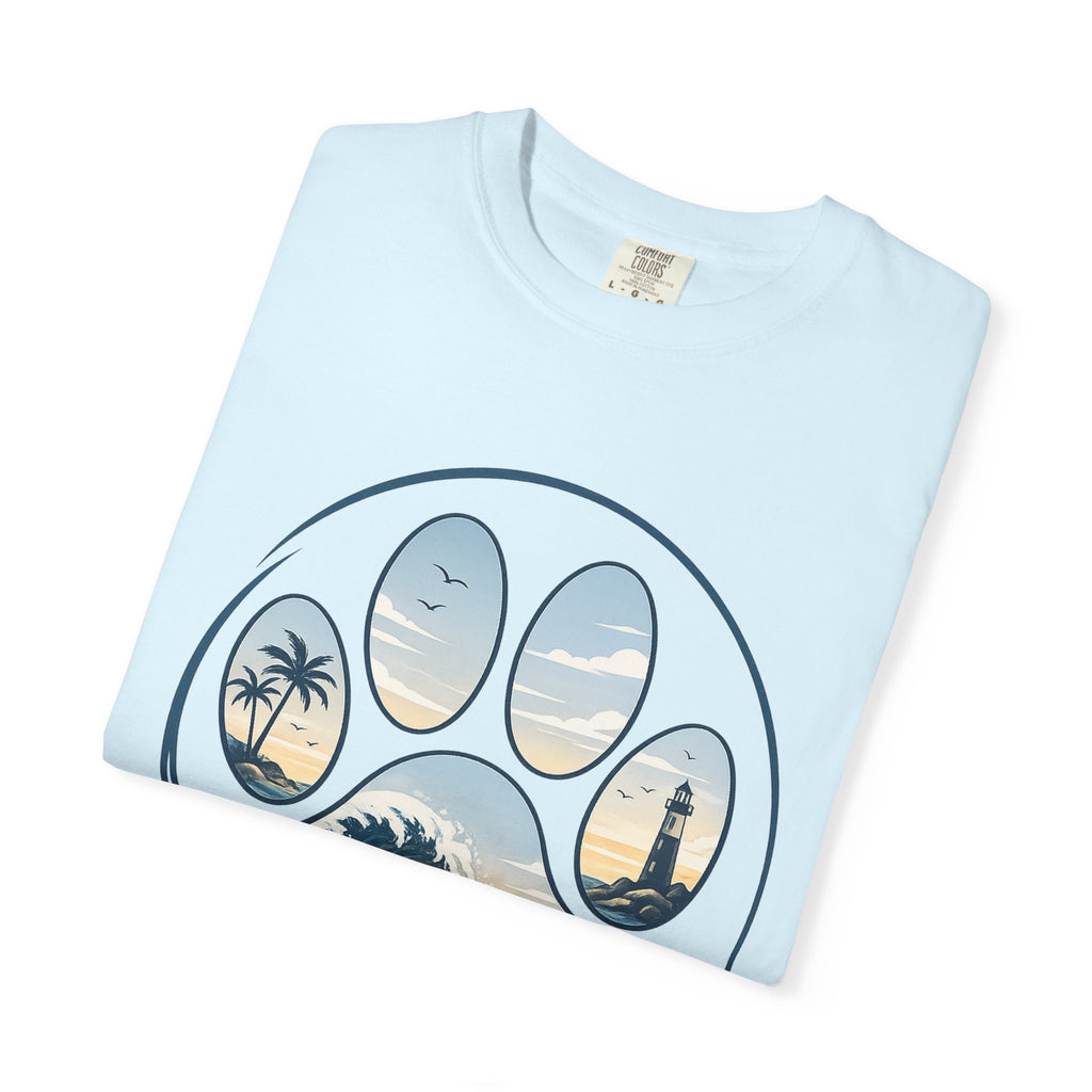 Ocean Paw Surf T-Shirt — Beach Sunset Paw Print Tee