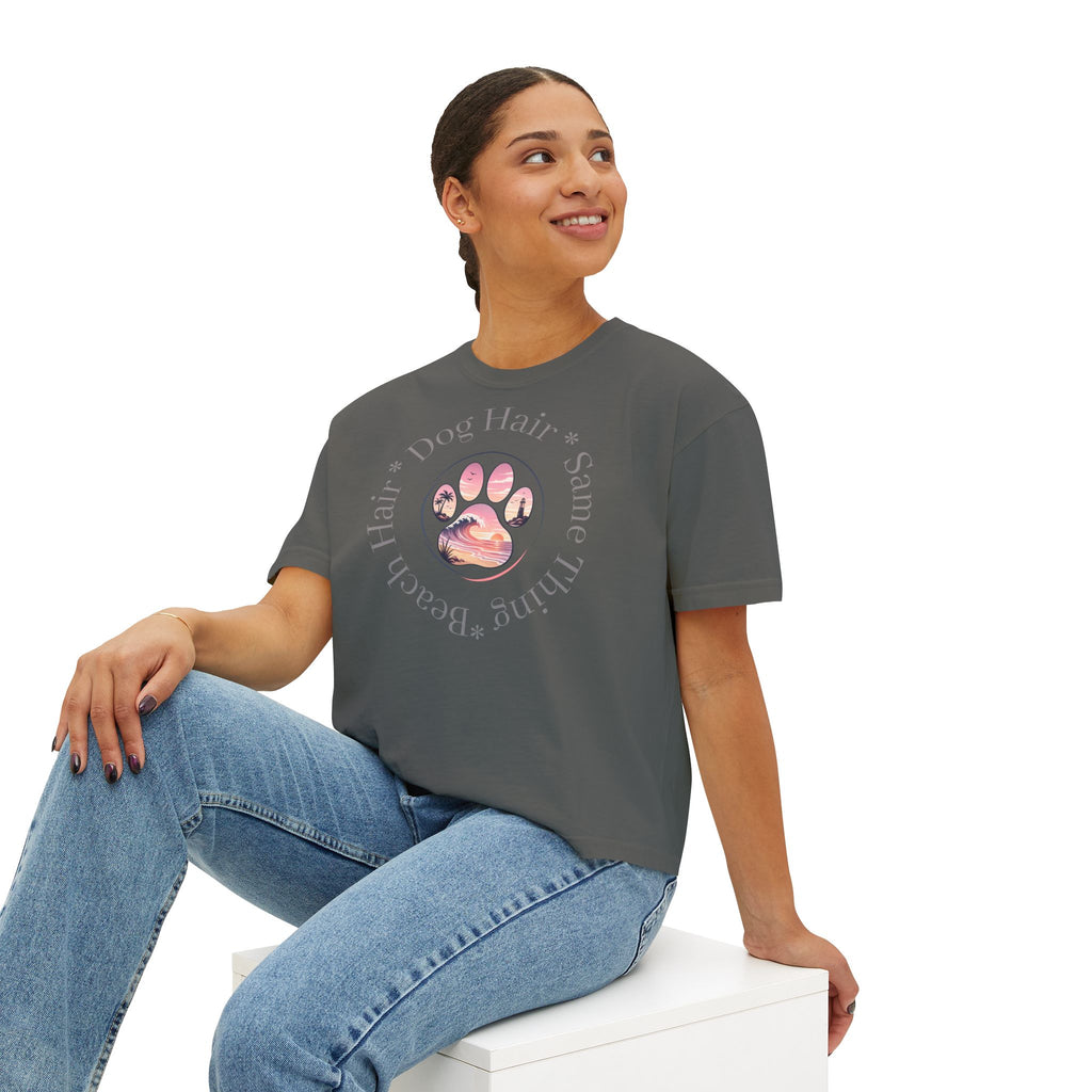 Boxy Tee "Beach Hair, Dog Hair, Same Thing" Paw Graphic