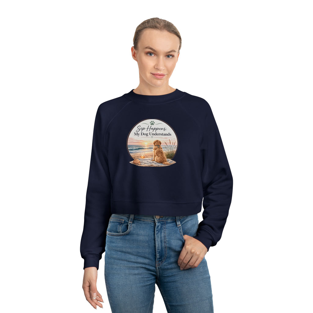 Cropped Pullover – Golden Retriever Beach "Sip Happens My Dog Understands" Graphic