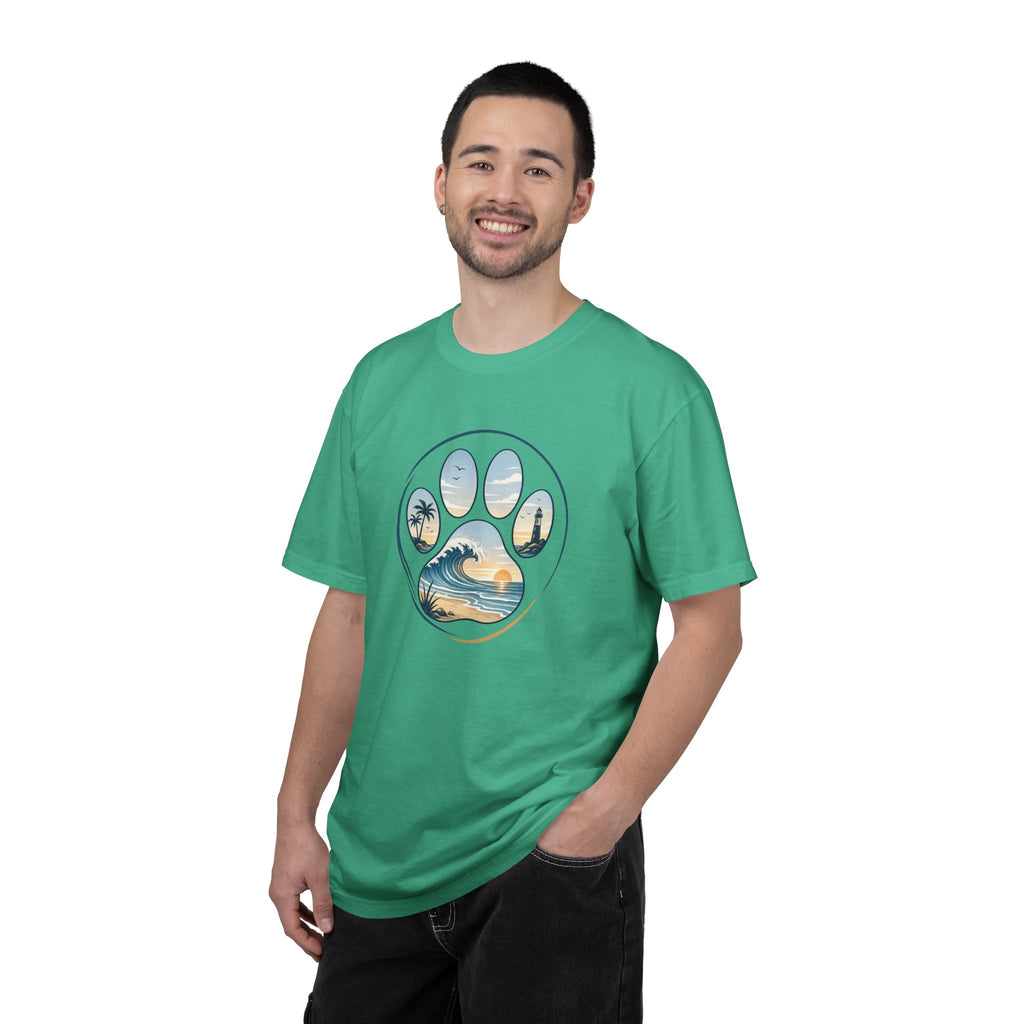 Ocean Paw Surf T-Shirt — Beach Sunset Paw Print Tee