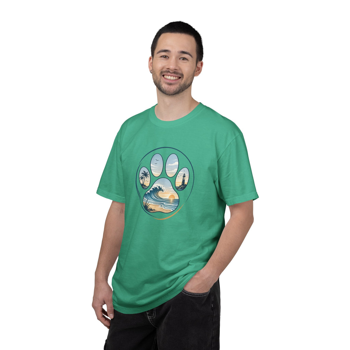Ocean Paw Surf T-Shirt — Beach Sunset Paw Print Tee
