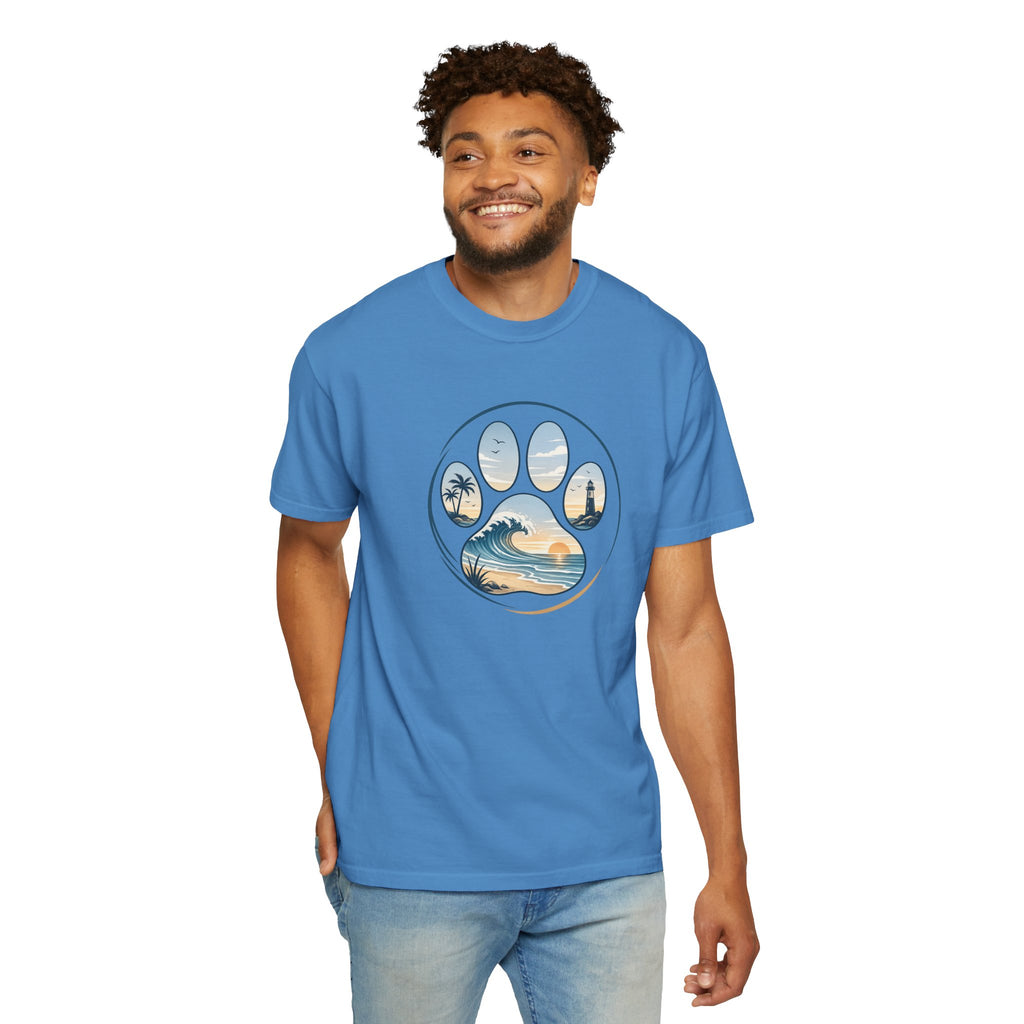 Ocean Paw Surf T-Shirt — Beach Sunset Paw Print Tee