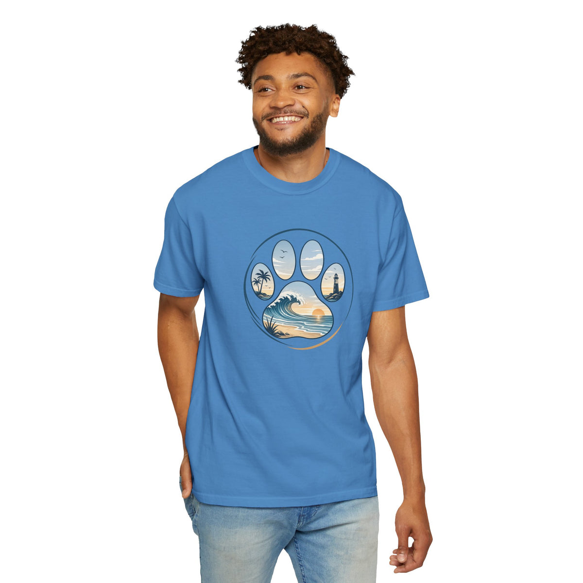 Ocean Paw Surf T-Shirt — Beach Sunset Paw Print Tee
