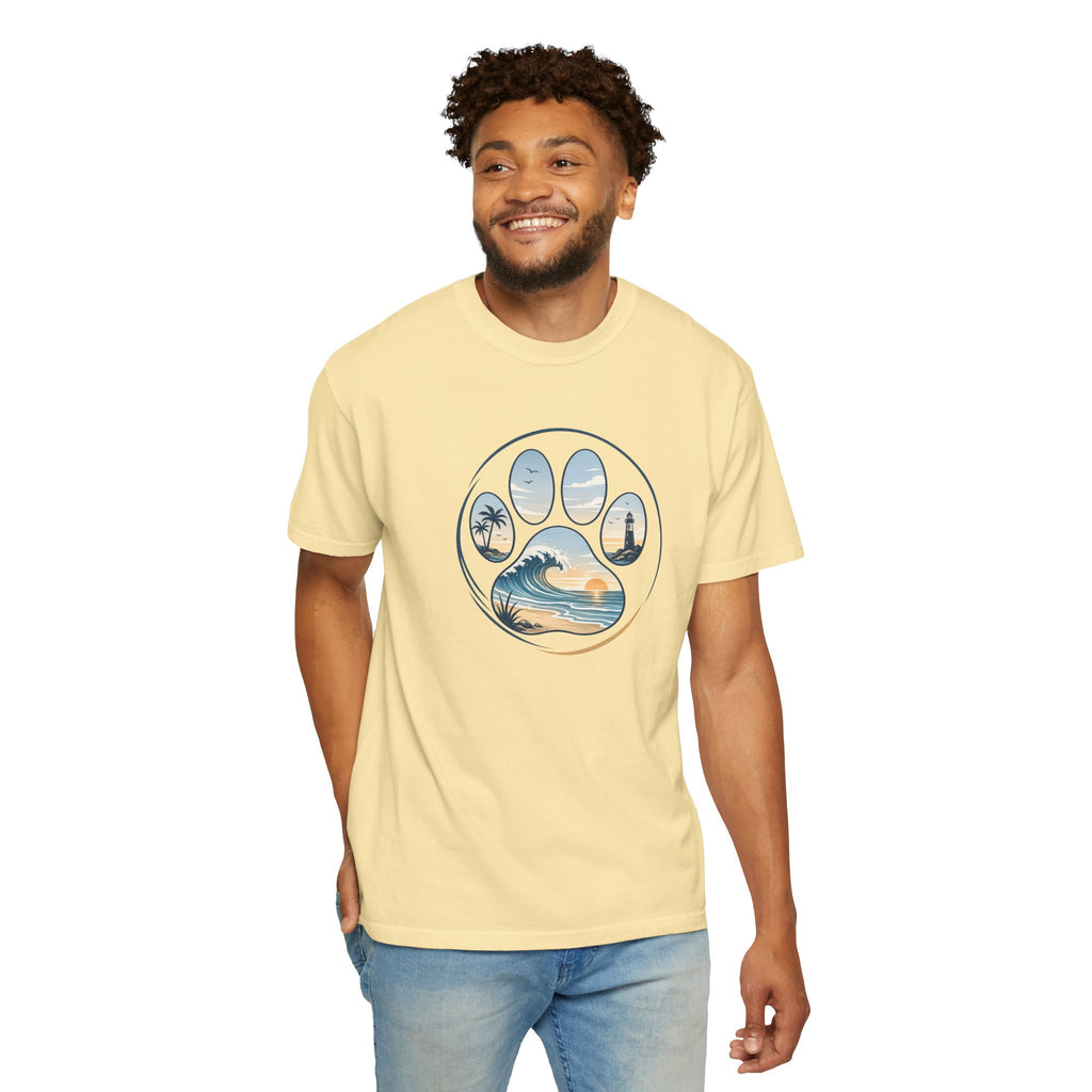 Ocean Paw Surf T-Shirt — Beach Sunset Paw Print Tee